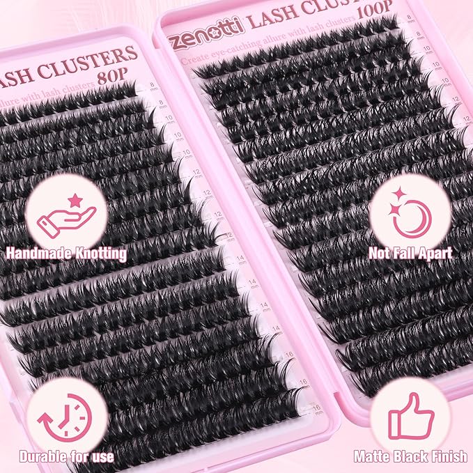 Lash Clusters Kit Fluffy 80D 100D Eyelash Clusters Kit 544PCS Wispy Cluster Eyelash Extensions D Curly Individual Lashes 8-16mm Soft Band DIY at Home with Lash Bond&Seal Tweezers Brush by zenotti