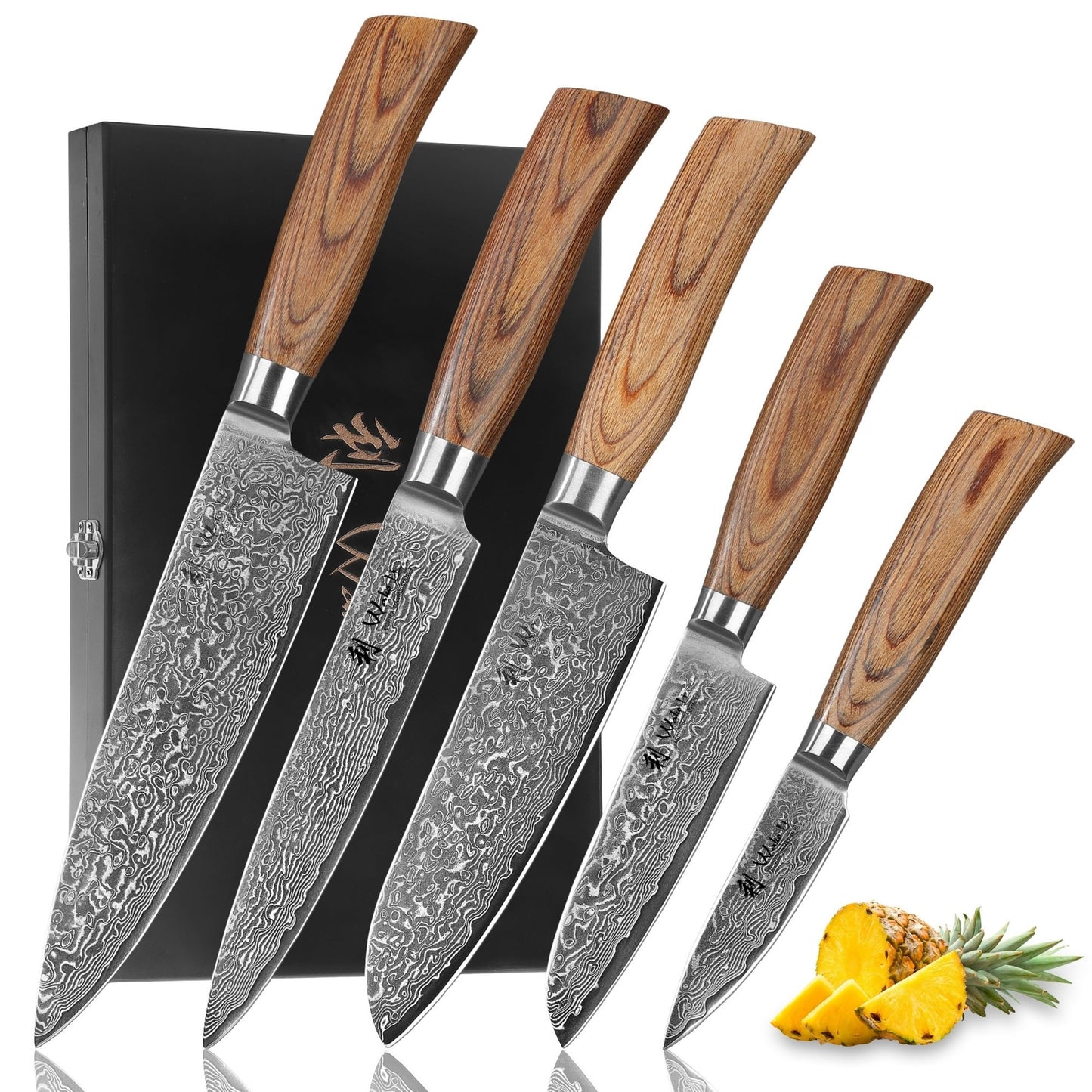 Wakoli EDIB Pro 5-Piece Damascus Knife Set – Professional Chef Knives Set with VG10 Core Blades, 67-Layer Damascus Steel and Ergonomic Pakkawood Handles – Premium Kitchen Knives in Wooden Gift Box