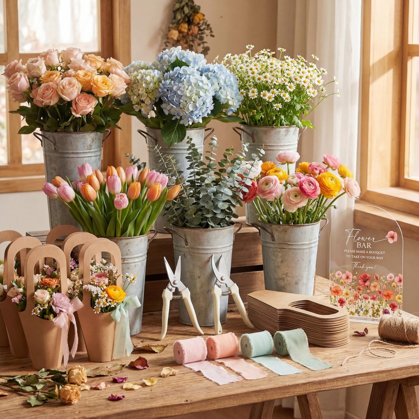 Kolldenn 37 Pcs Flower Bar Supplies Include Acrylic Flower Bar Sign Bouquet Wrapping Gift Bags with Handle Chiffon Ribbon Garden Scissors for Floral Bloom Decor (Arc)