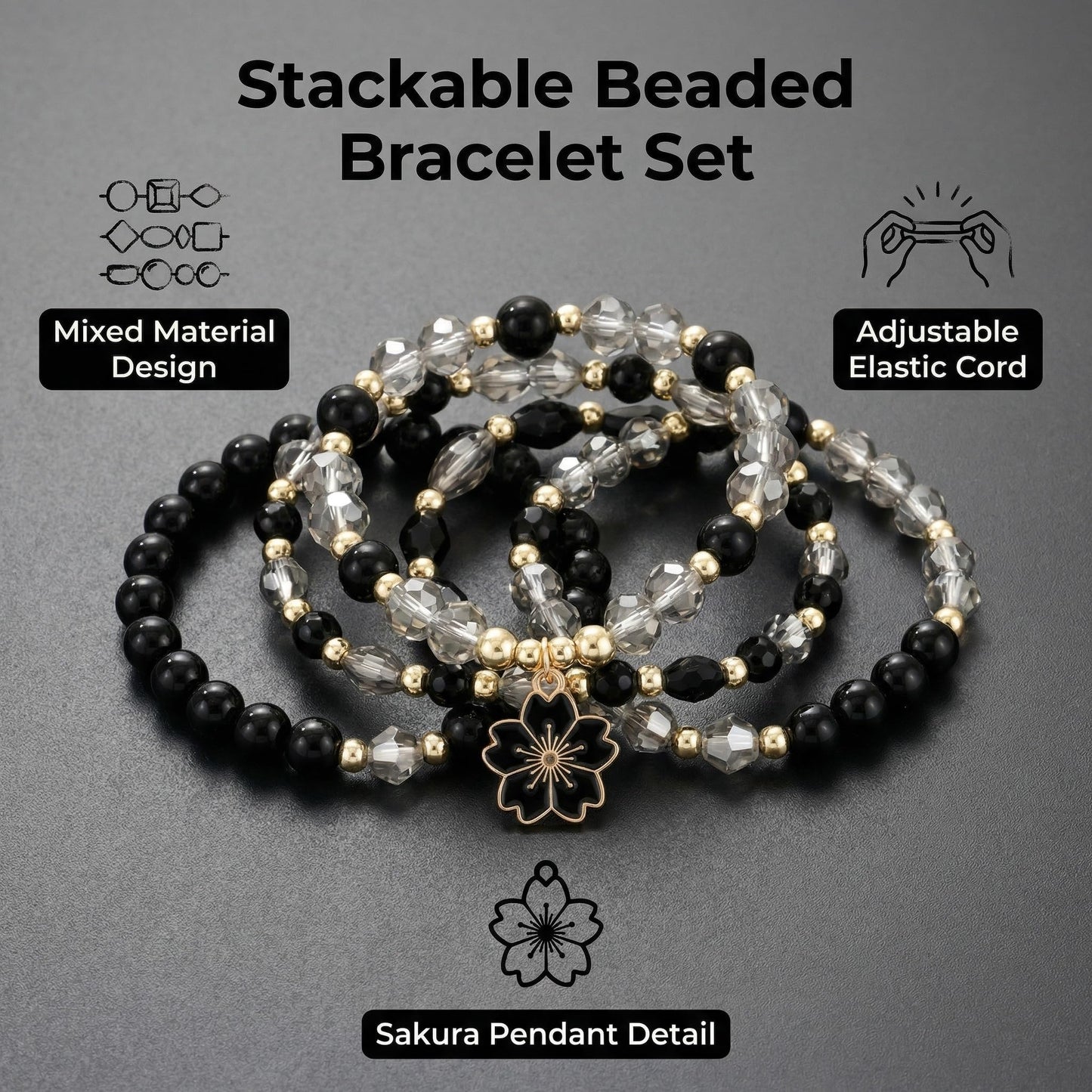 LOTSOF Boho Flower Beaded Bracelet Set for Women - Multilayer Crystal & Flower Charm Stackable Bracelets, Fashion Jewelry Gift for Her (Black)