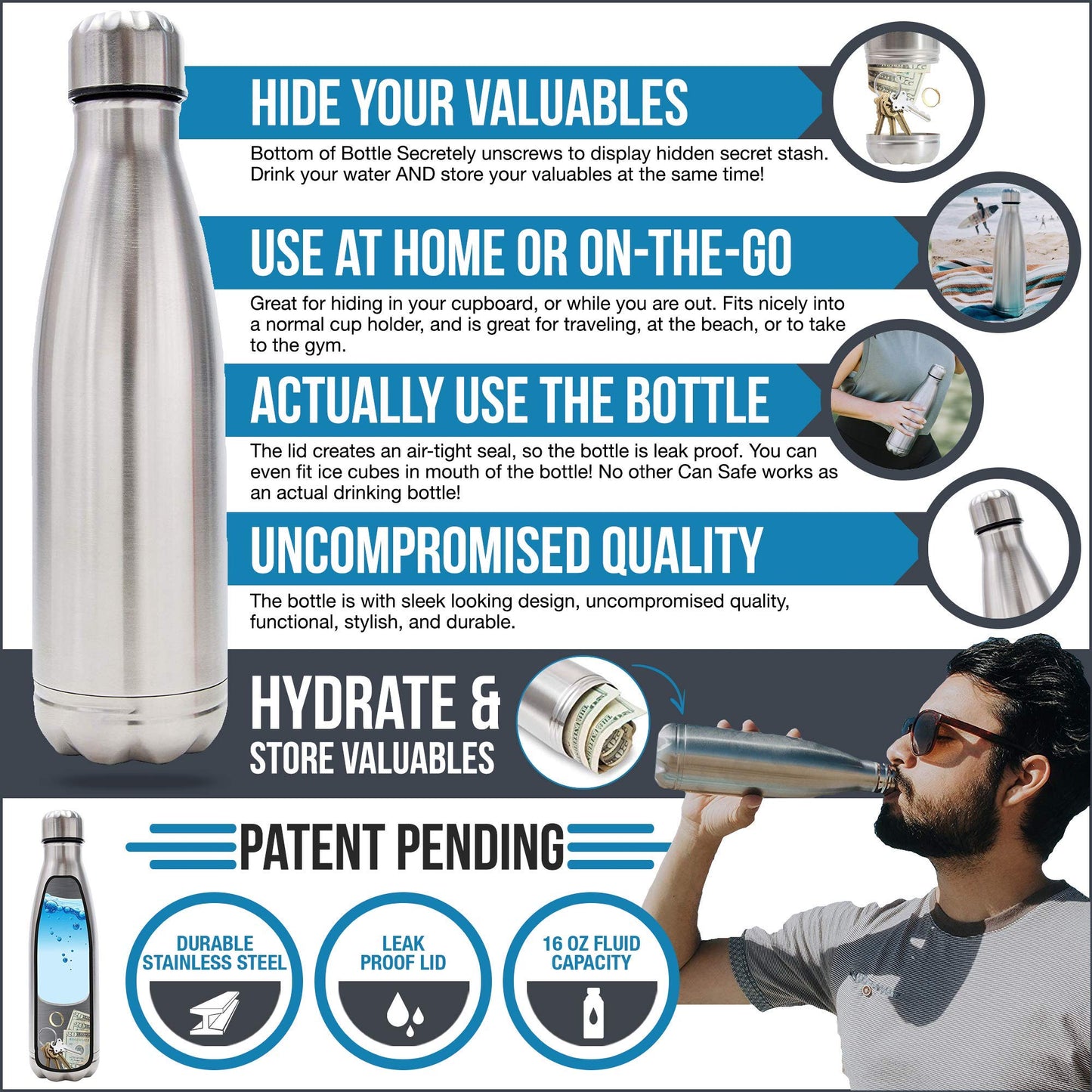 Diversion Water Bottle Safe, Stainless Steel Tumbler with Hidden Compartment, Real Functional Leak Proof Bottle to Hide Cash, Jewelry, Keys and Valuables in Plain Sight for Travel, Home, Beach, Gym
