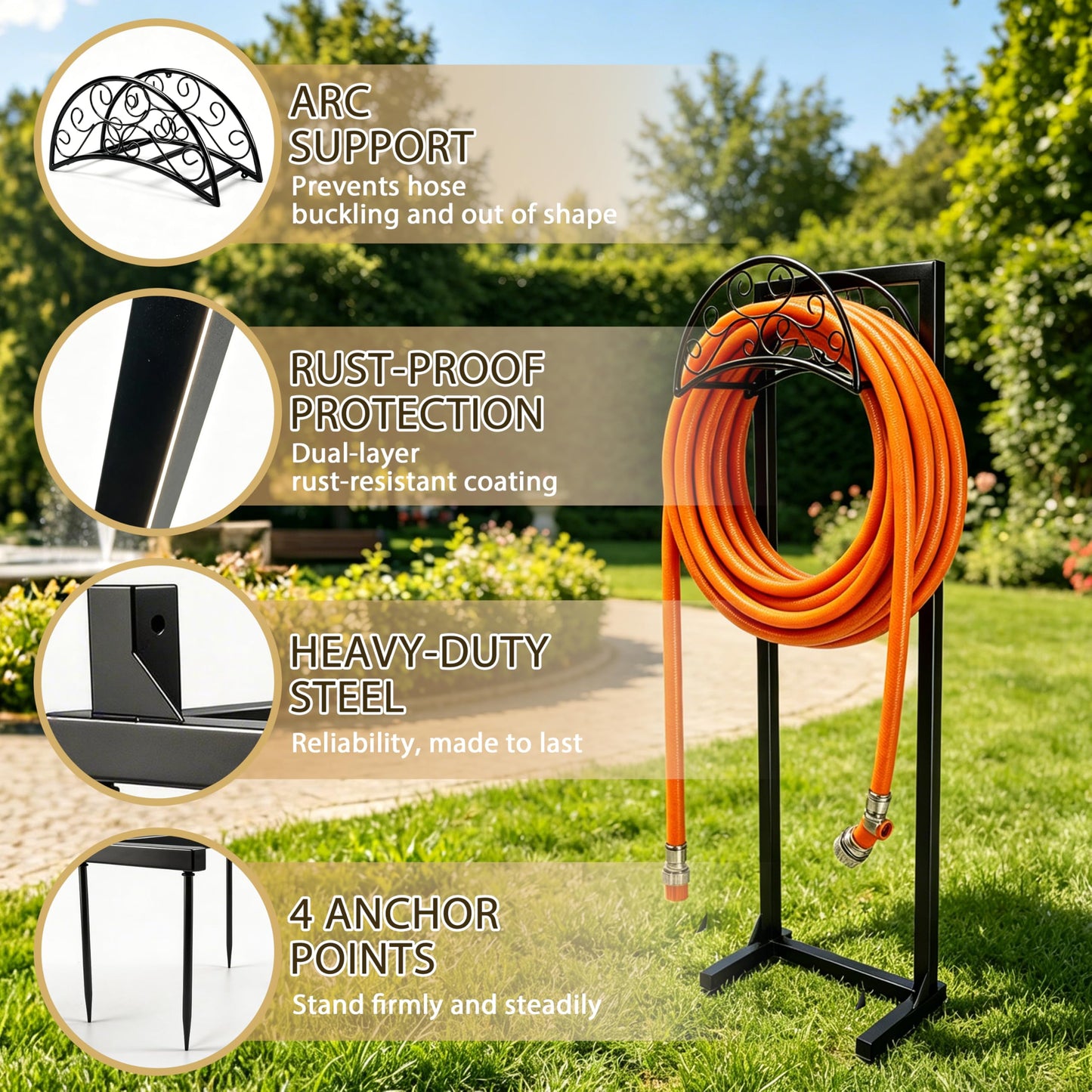 SYITCUN Garden Hose Holder, Heavy Duty Stainless Steel Garden Hose Reel with Triangle Reinforcement, Supports 150 ft Hose, 45-Inch Ergonomic Water Hose Stand for Outside, Black
