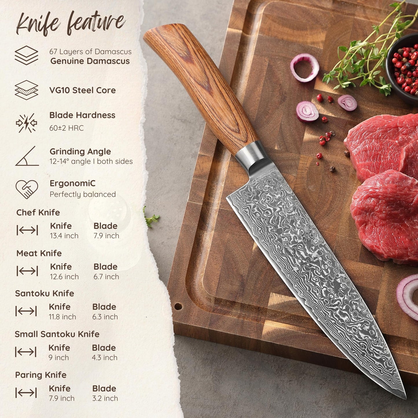 Wakoli EDIB Pro 5-Piece Damascus Knife Set – Professional Chef Knives Set with VG10 Core Blades, 67-Layer Damascus Steel and Ergonomic Pakkawood Handles – Premium Kitchen Knives in Wooden Gift Box