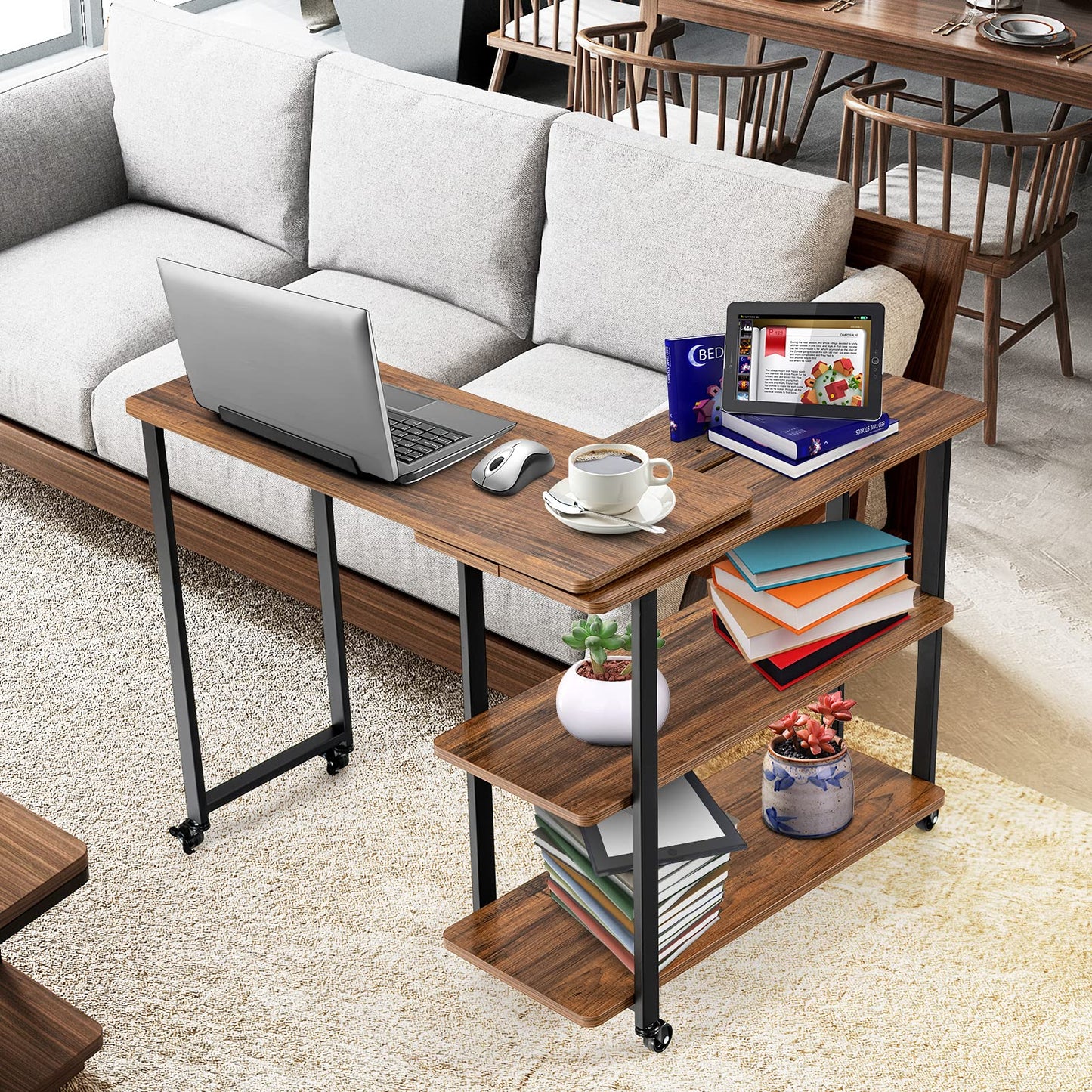 Tangkula 360° Free Rotating Sofa Side Table, Patented Mobile Couch Desk with 2-Tier Storage Shelves, Movable Laptop Desk with Sturdy Metal Frame, Couch Table Snack Table for Home Office (Brown)