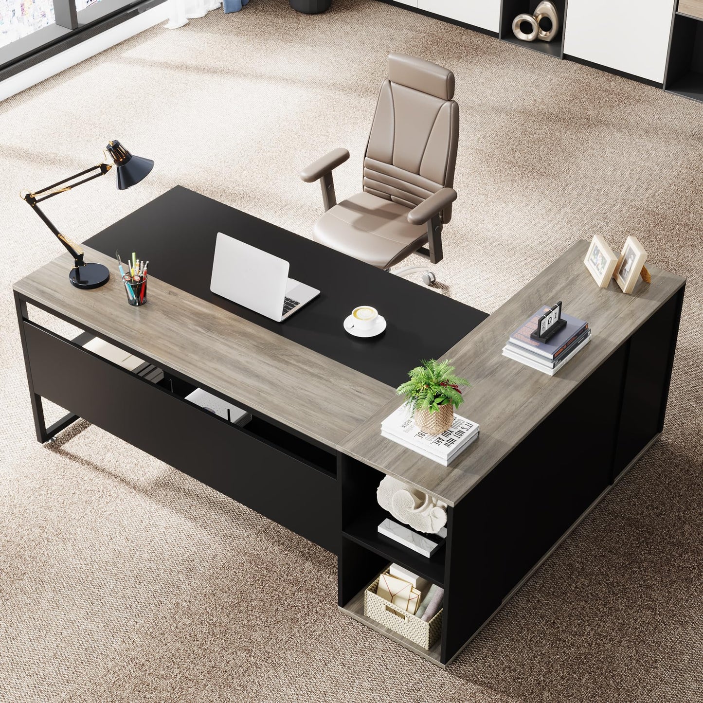 Tribesigns 71 inch Executive Desk, L Shaped Desk with Cabinet Storage, Executive Office Table with Shelves, Business Furniture Set Workstation for Home Office, Gray