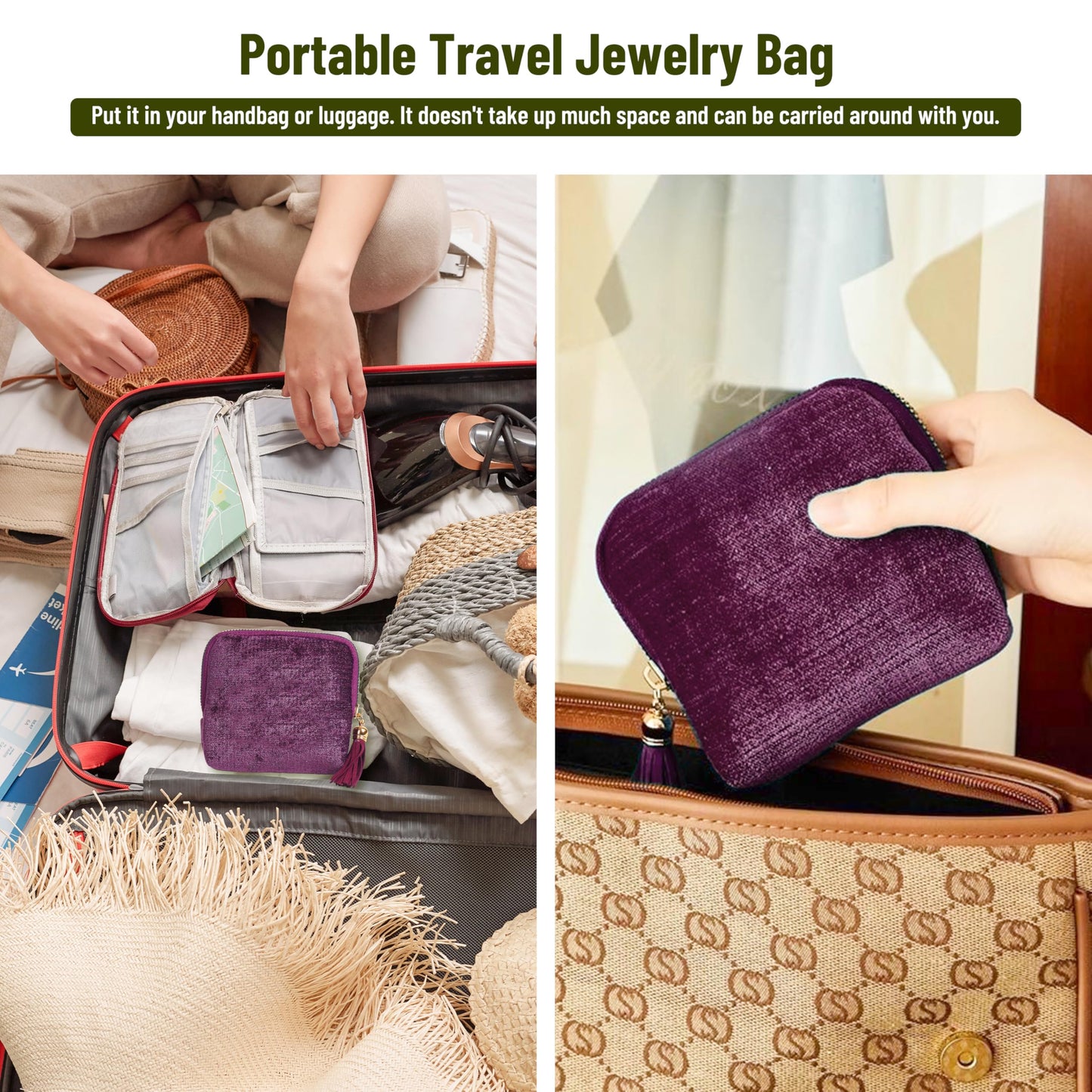 LOTOFUN Small Travel Jewelry Case: 5-Layer Individual Pouch Soft Velvet Bag Organizer With Zipper For Bracelets Bangles Protect From Tangle Scratch For Fashion Traveler Enthusiasts(Dark Purple)