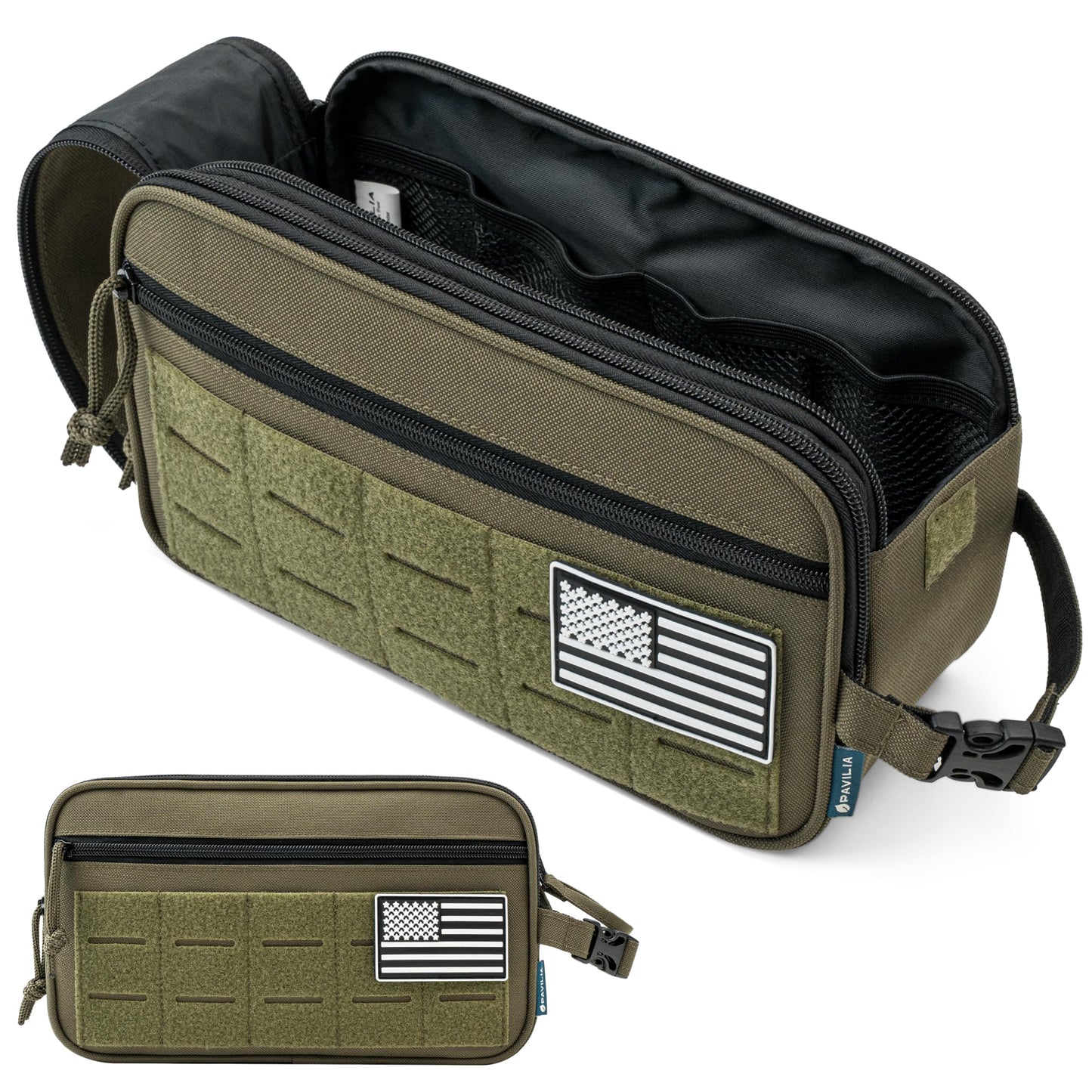 PAVILIA Tactical Toiletry Bag for Men, Travel Hygiene Bag, Military Gear Dopp Kit, Water Resist Molle Accessories Pouch, Mens Shaving Essentials, Gym Bathroom Shower Small Toiletries Tool EDC, Olive