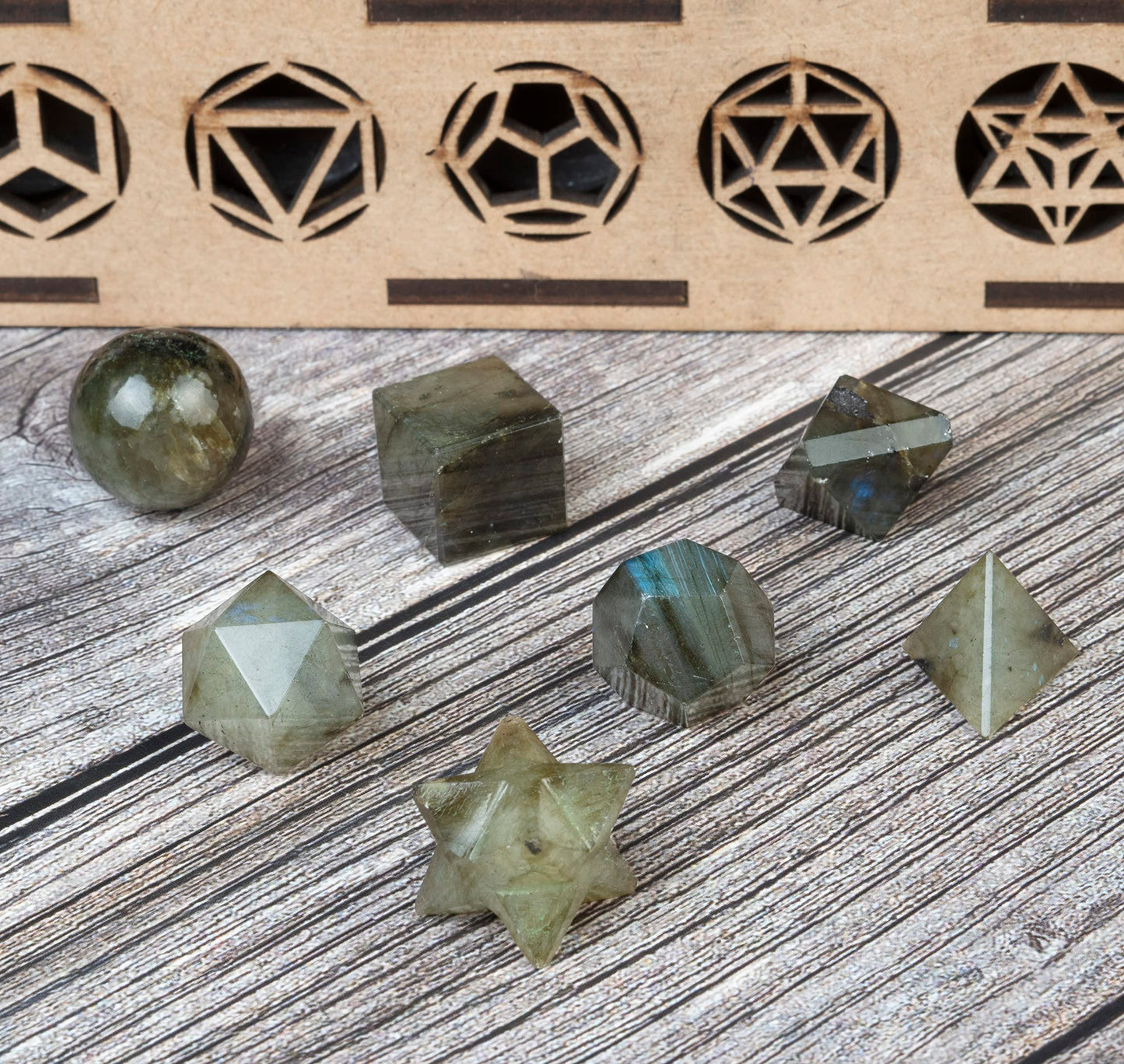 Crocon Labradorite 7Pcs Platonic Solids Crystal Geometry Set, Platonic Solids Sacred Geometric Stones for Meditation Reiki Balancing Healing Chakra Stone Cleansing Spiritual Good Luck (15-20mm)