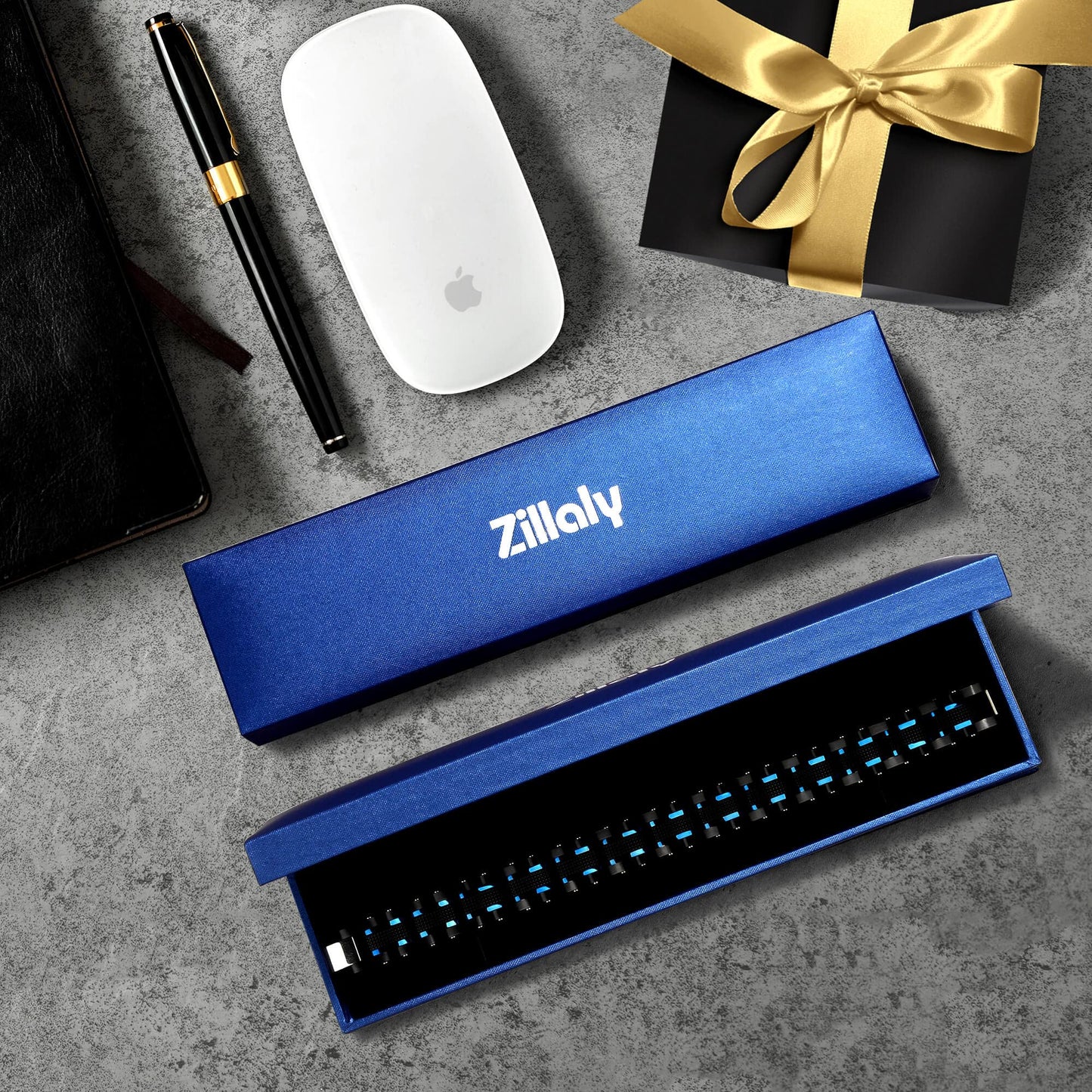 Zillaly men's stainless steel two-color square chain diamond bracelet, black and blue ion plating black, boyfriend, husband holiday gift, with gift box
