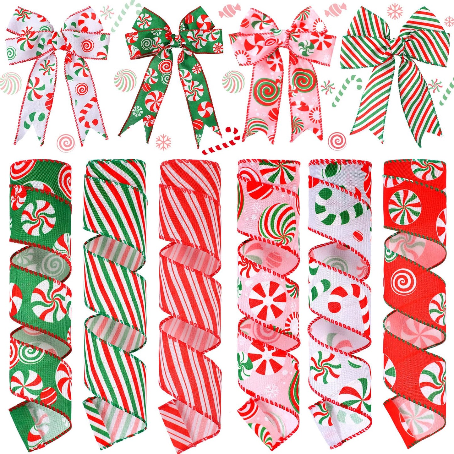 Yingzhao 6 Rolls 30 Yards Christmas Candy Peppermint Wired Edge Ribbon Burlap Red Green Candy Cane Fabric Craft Ribbon for Christmas Tree Decoration Gift Wrapping Wreaths