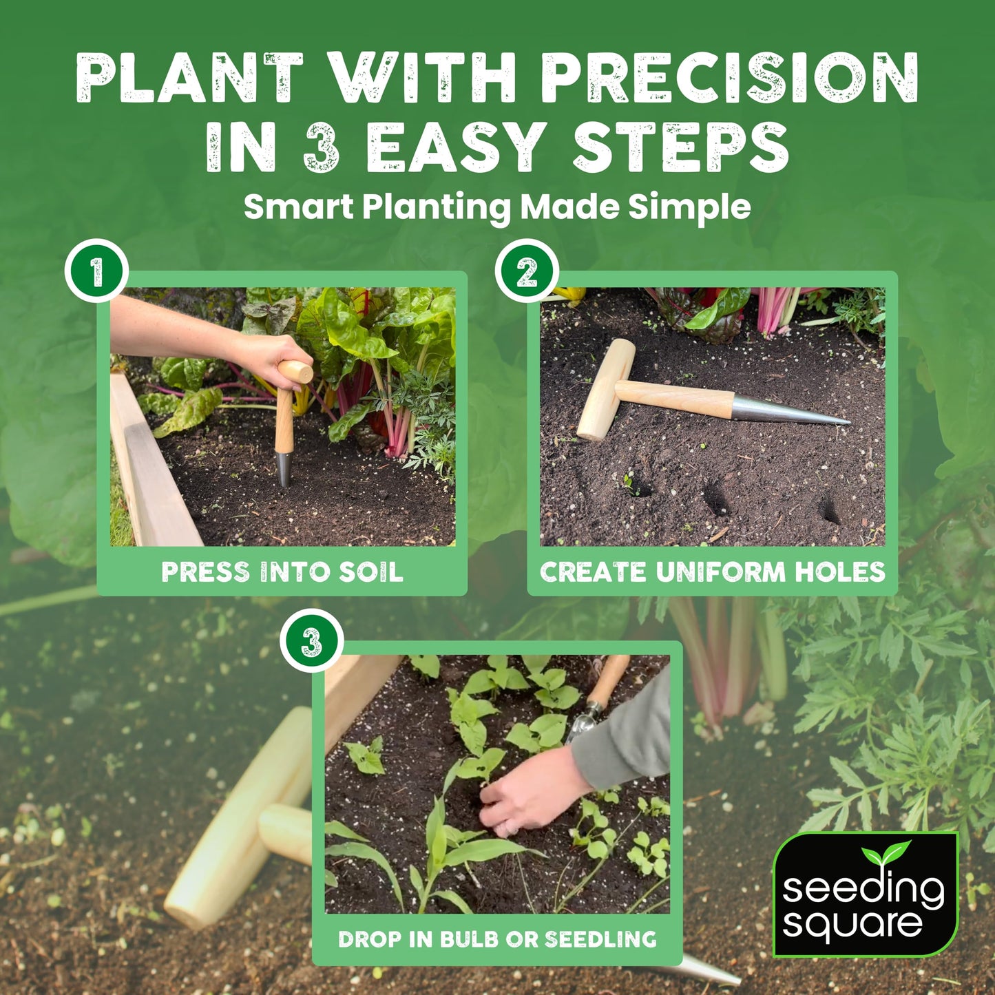 Seeding Square Pokey Planter Stainless Steel & Wooden Handle Garden Tool for Planting Garlic, Onions, Tulips, Daffodils, Lilies, & Transplanting Seedlings