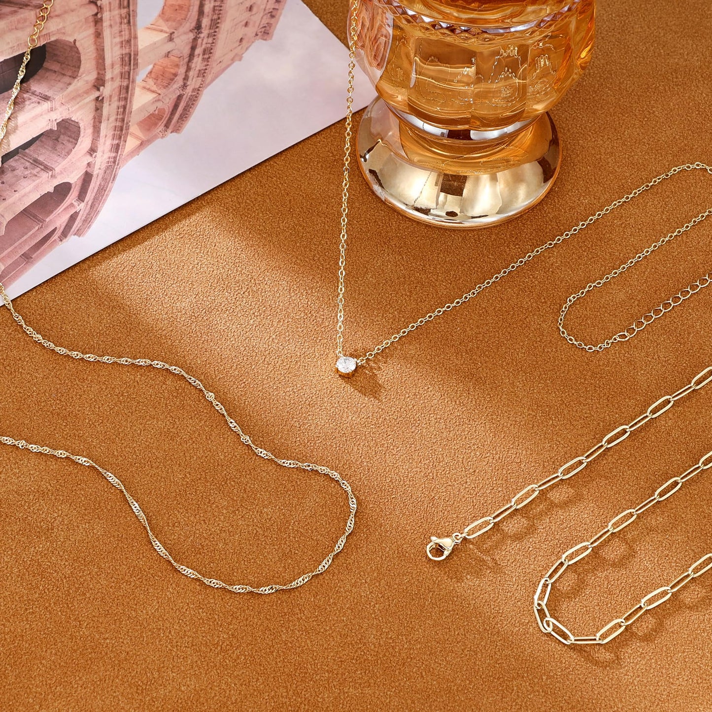 CHESKY Layered Necklaces for Women Trendy, Dainty 14K Gold Plated CZ Pendant Necklace Paperclip Rope Chain Necklace Gold Jewelry Set for Women Gifts