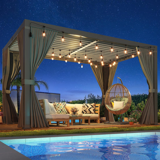 Airwire 10x12 FT Louvered Pergola, Aluminum Outdoor Pergolas with Adjustable Roof, Hardtop Gazebo with Waterproof Curtains & Netting for Deck, Patio, and Backyard