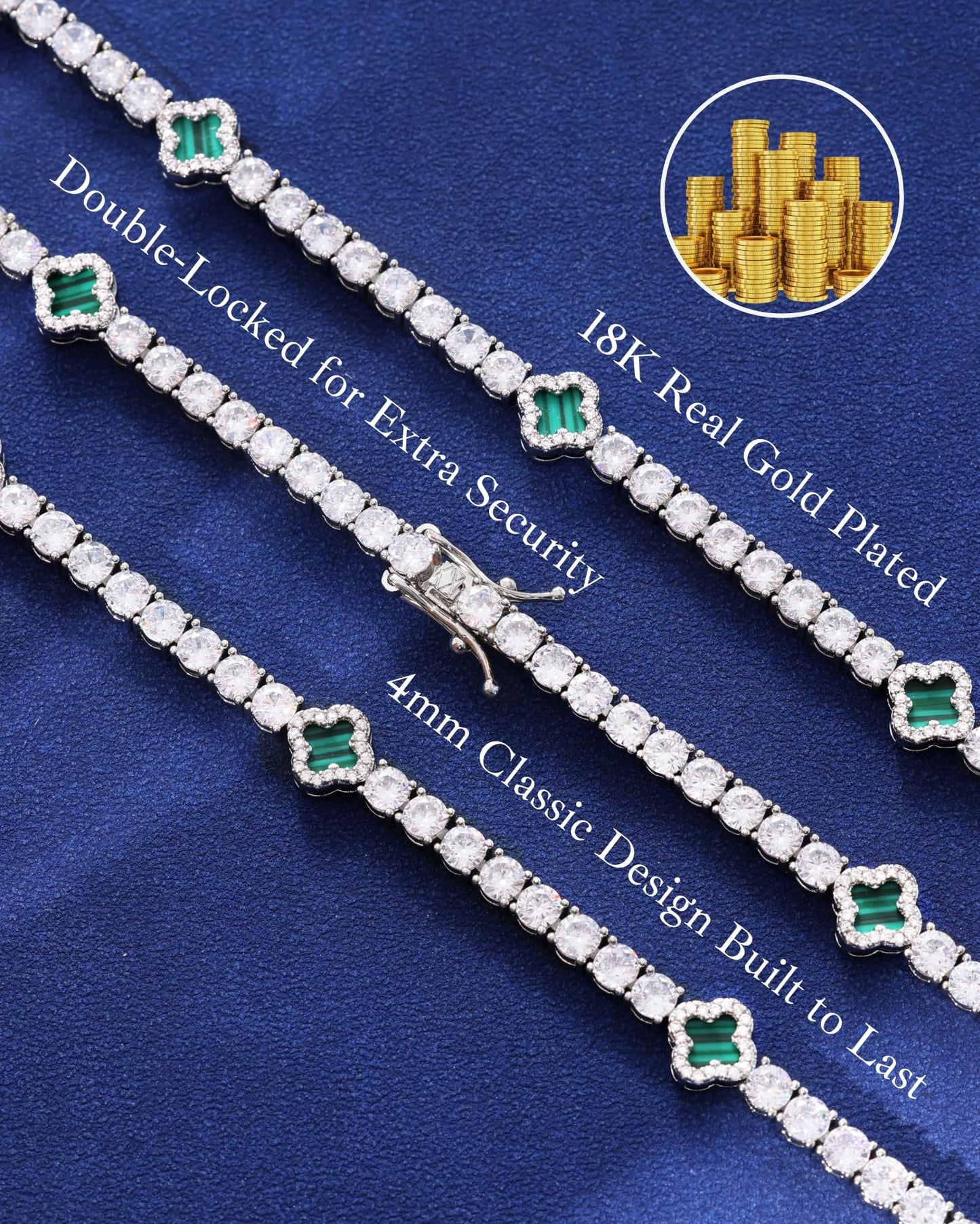 LuxeFlex 4mm Iced Out Clover Tennis Bracelet, White Gold Plated with 5A Zircon Stones, Handmade exquisite Hip Hop Jewelry, Perfect Unisex Gift (White Gold-Green,7)