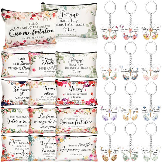 24 Pcs Spanish Christian Gift Set - 12 Women Makeup Bags Bulk & 12 Butterfly Keychains Inspirational Bible Verse Cosmetic Bags Religious Gifts for Women Regalos Religiosos Para Mujer En Español