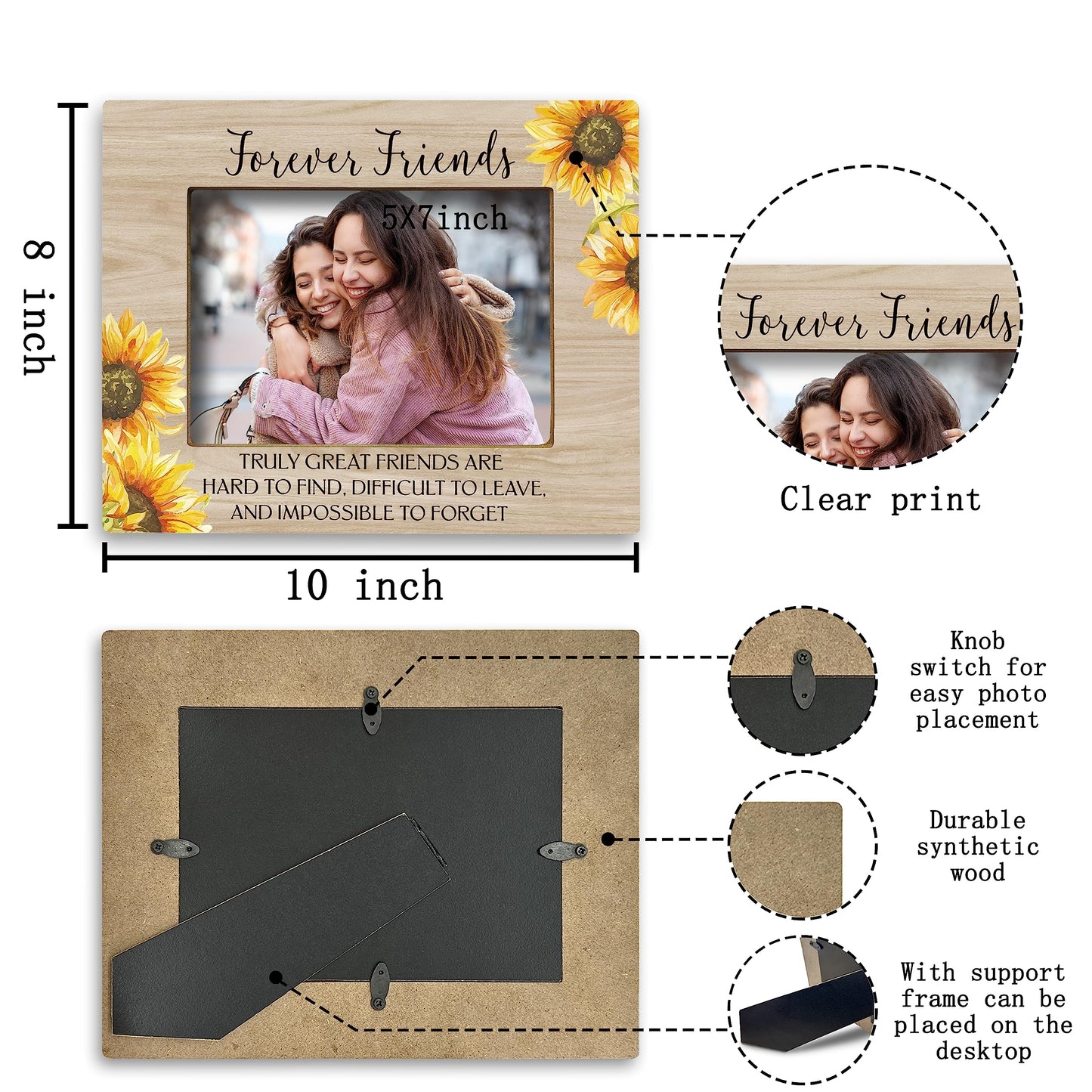 FONDCANYON Forever Friends Sunflower Picture Photo Frame, Bestie Bff Friendship Gifts For Men Women Friends Birthday Christmas Girls (5x7 Inch Photo)