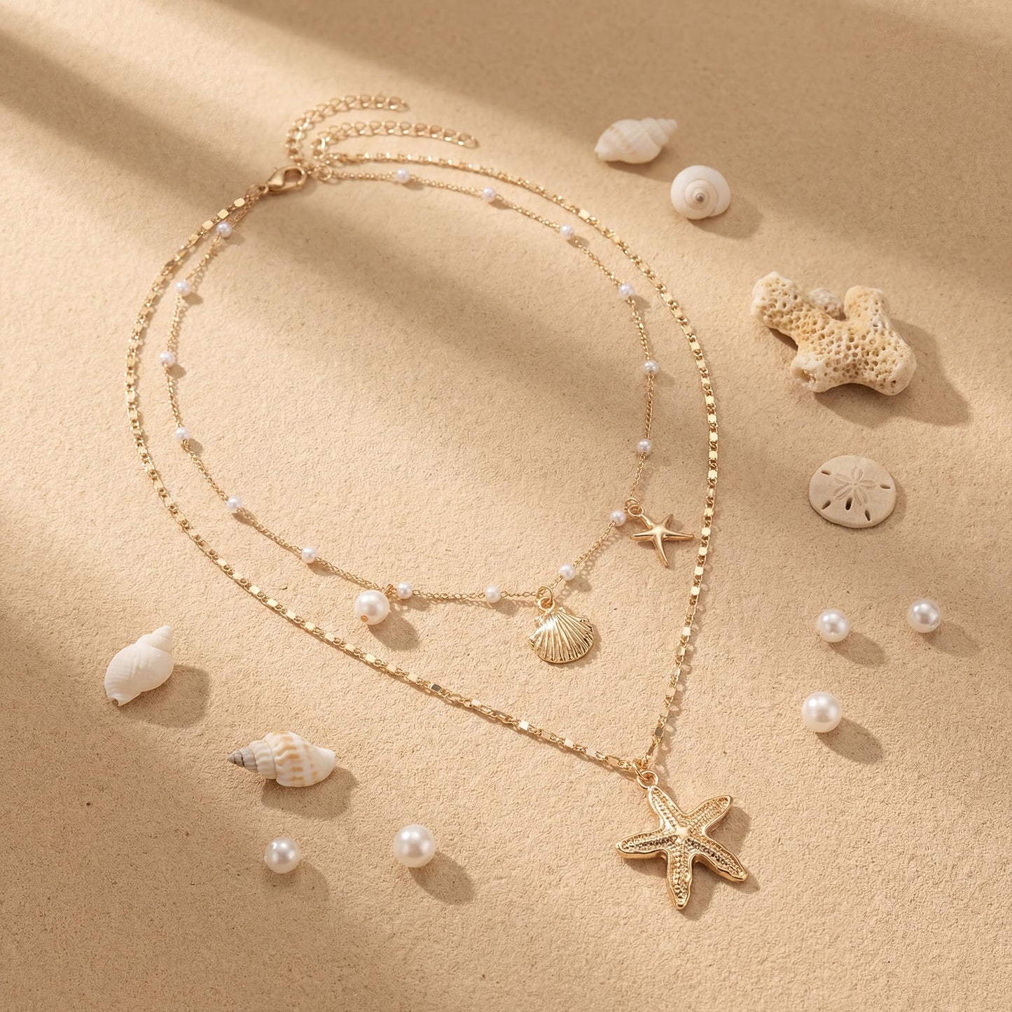 Shell Starfish Necklace for Women, Gold Plated Boho Layered Pendant Necklace with Pearl Conch Charm, Dainty Coastal Summer Beach Vacation Jewelry Gifts(Shell&Starfish)