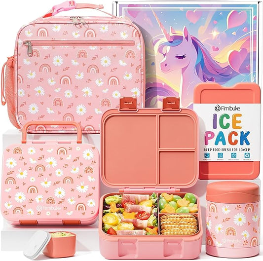 Fimibuke Bento Lunch Box for Kids with Food Ja, 3-Compartment 32OZ Snack Lunch Container, Lunch Bag, 12OZ Insulated Food Jar & Ice Pack Set for Age 3-12 School Daycare Toddler Teen Girls Boy, Rainbow