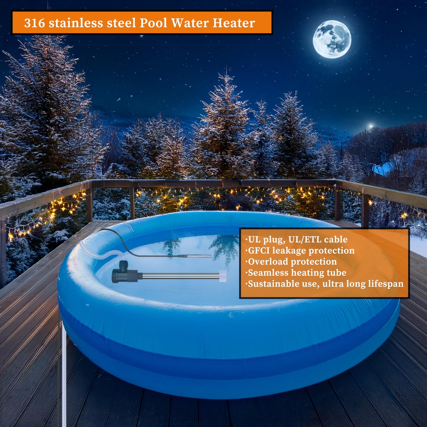 LASTINGCAPE 240V 3500W Fully Submersible Portable Electric Hot Tub & Pool immersion Water Heater with Thermostat, GFCI plug for spa tub, Baptismal pool, inflatable pool,above ground pool and Bathtubs