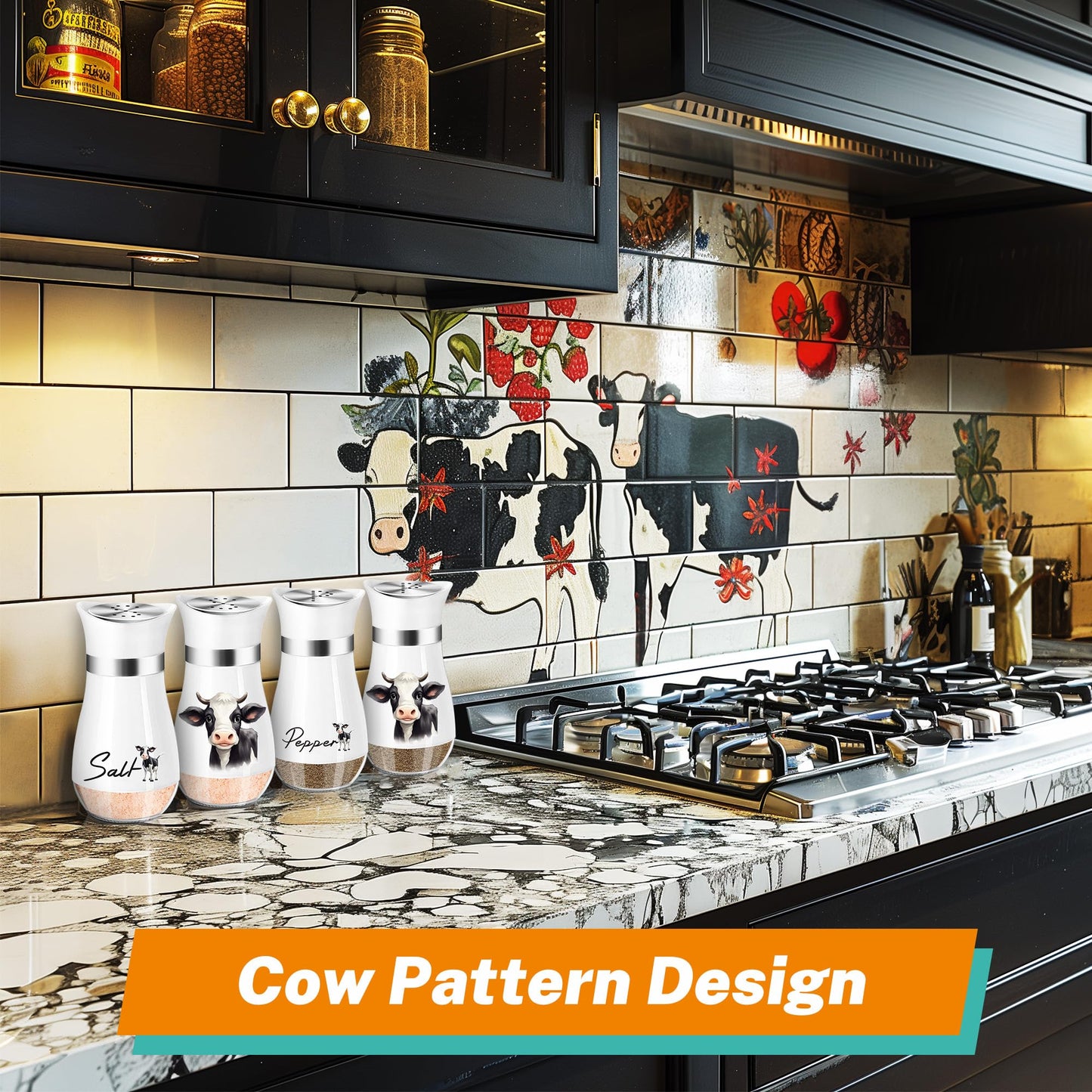Cow Salt and Pepper Shakers Set,4 oz Glass Bottom Salt Pepper Shaker with Stainless Steel Lid Animal Decorations Country Kitchen Decor Farmhouse Gifts for Farmers(Cow)