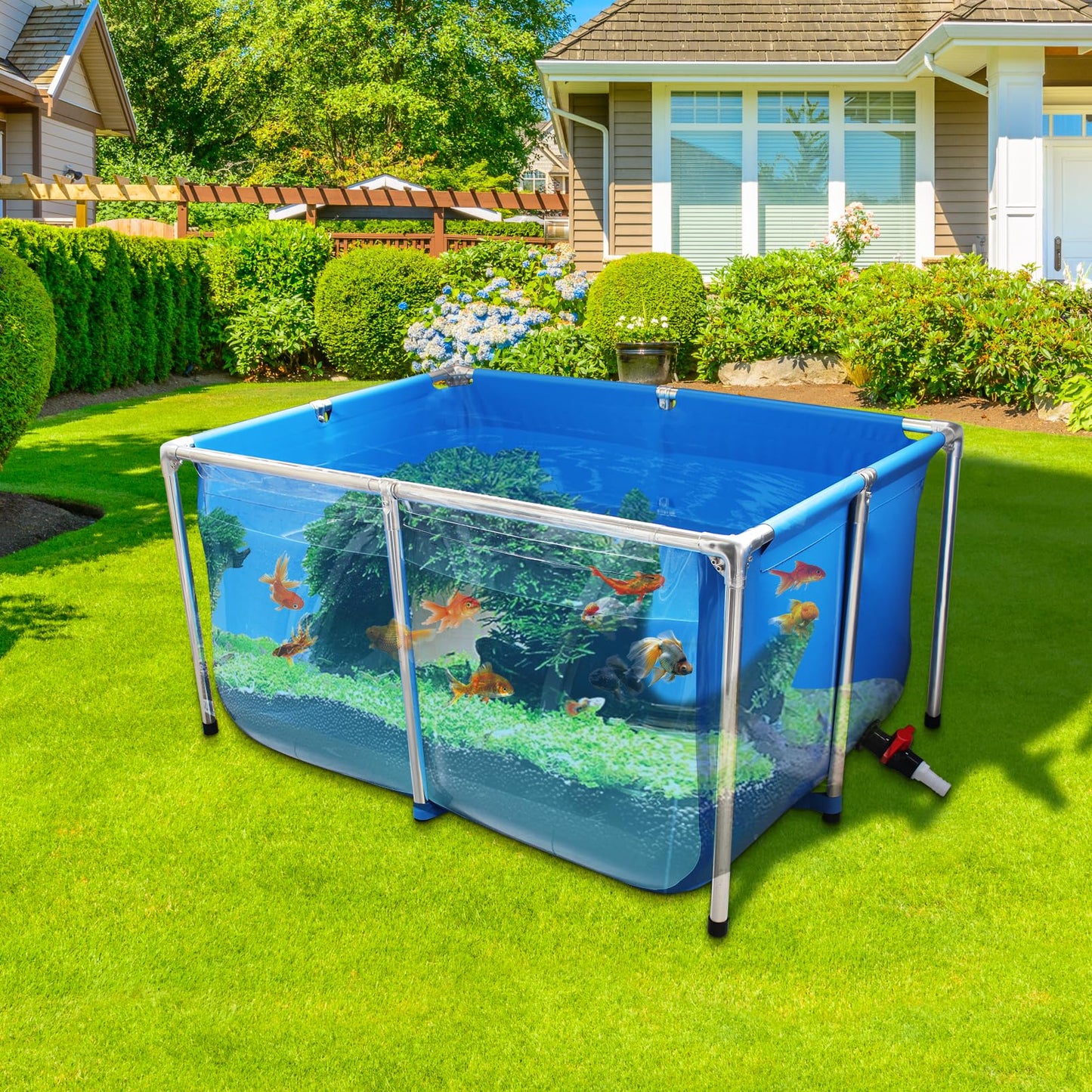 PVC Fish Pond,Above Ground Fish Tank,Goldfish/Koi Pond with Clear Viewing Panel, Outdoor Canvas Aquarium with Stainless Steel Frame & Drain Valve for Outside,47.2 * 31.5 * 23.6in,152 Gallon