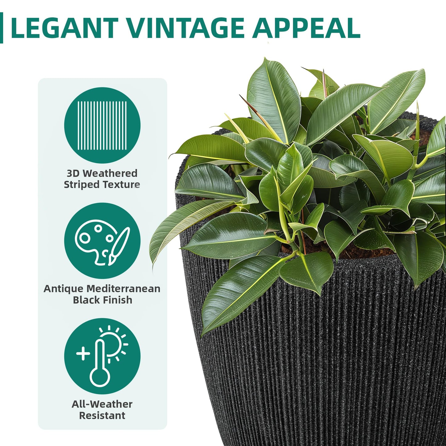 Ultym 2 Pack 19" Tall Black Fluted Concrete-Look Resin Planters, Large Round UV-Resistant Flower Pots for Indoor Outdoor Plants, Decorative Ribbed Planters for Garden Patio Porch Home Office