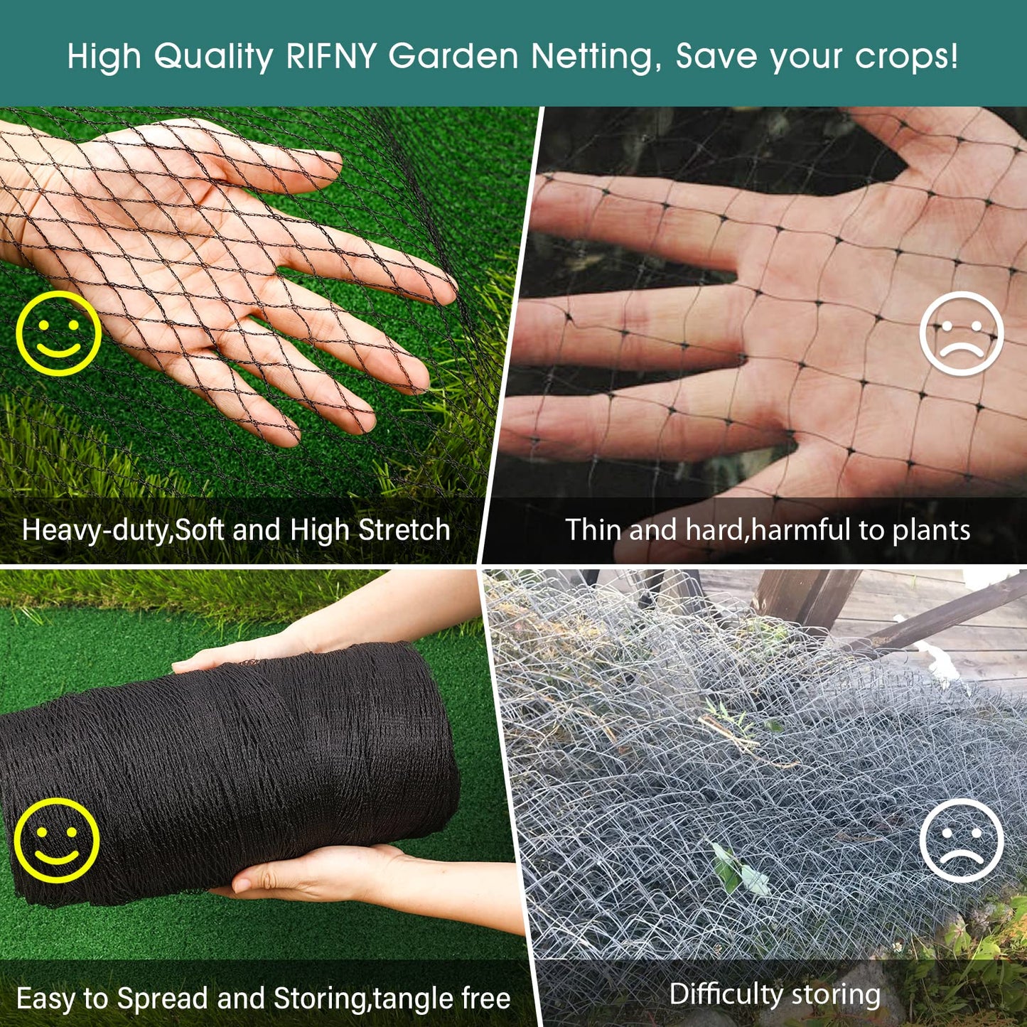 Bird Netting for Garden, 26 x 49FT Heavy Duty Anti Bird Netting Mesh with Ties and Landscape Staples for Vegetable, Fruit Trees & Other Plants, Lasting Against Birds Squirrels and Poultry, Black