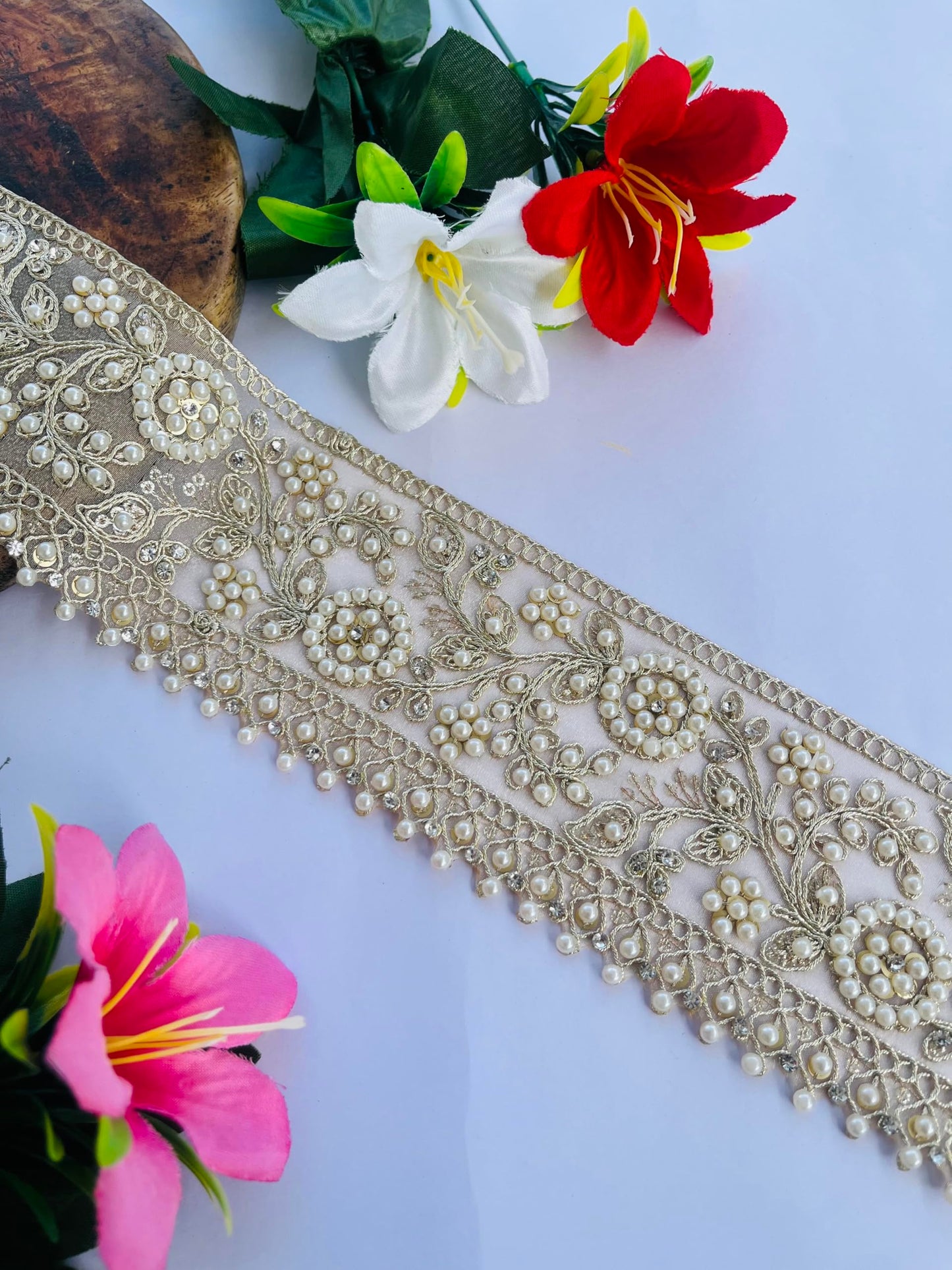 Luxury Pearl Embellished Lace Trim, 3 Inch Wide, Beaded Floral Pattern, Champagne Gold with Faux Pearls, Wedding Dress Decoration, Available in 1, 3 and 6 Yard (1)