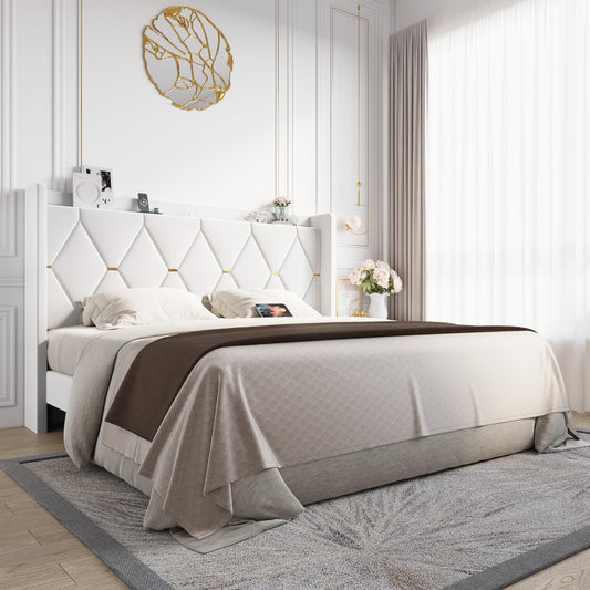 Allewie Velvet King Size Upholstered Bed Frame with Wingback Storage Headboard & Charging Station, Platform Bed with Diamond Tufted Design & Gold Trim, No Box Spring Needed, Easy Assembly, White