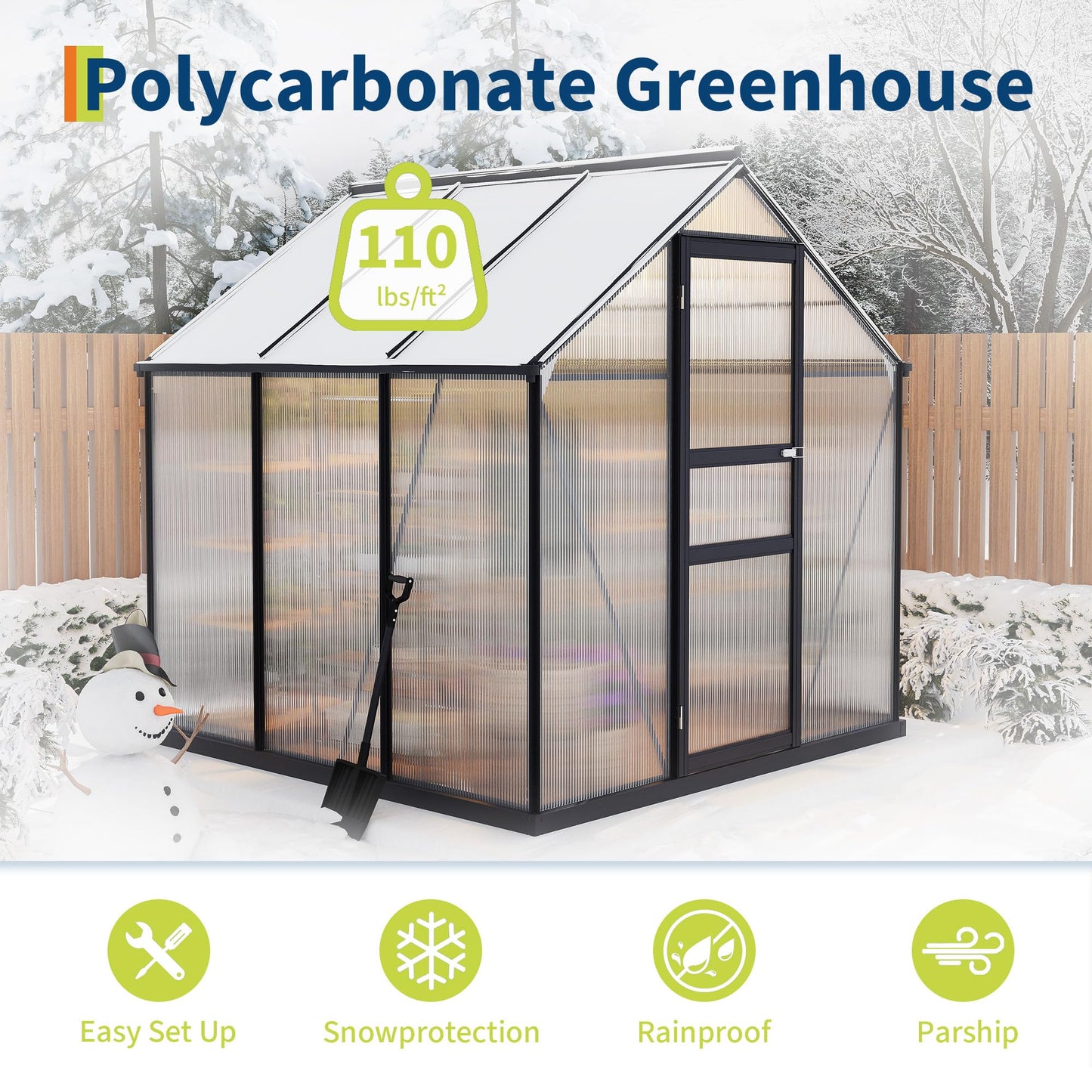 6×6FT Polycarbonate Greenhouse for Outdoors, Large Walk in Green House Kit and Winter Garden Planting, Enhanced Aluminum Green Houses for Outside to Protect Vegetables or Plants