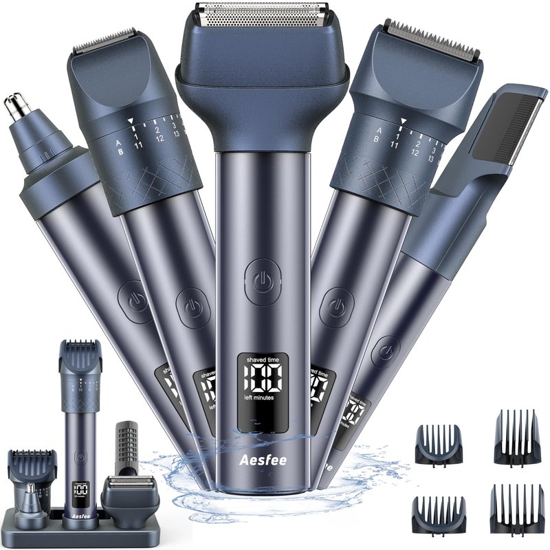 Beard Trimmer for Men, Professional 5-in-1 Hair Clippers with 20 Precision Dial Lengths, Electric Razors for Men IPX7 Waterproof Wet/Dry, USB-C Rechargeable Shaving Set with Dock for Face, Body, Nose