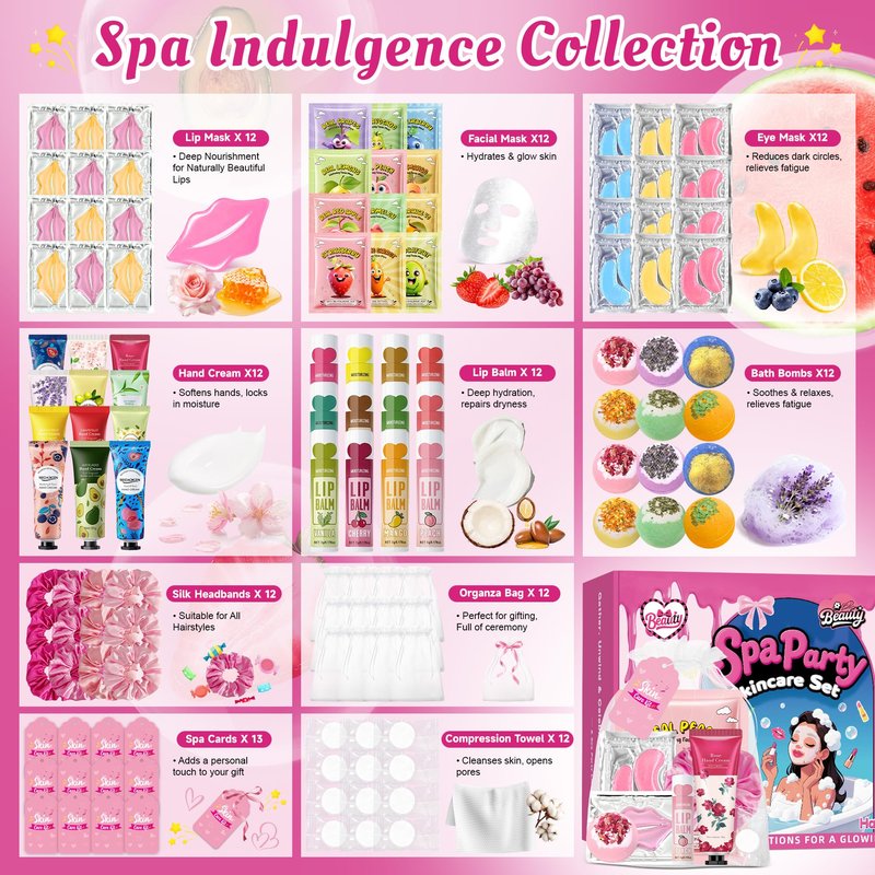 CHANGARLOAD 121 PCS Spa Party Supplies for Girls, Spa Party Favors Set with Face Masks, Lip Balm, Hand Cream, Under Eye Patches, Lip Mask, Foot Bath Bombs, Gift Bags for Birthday Sleepover