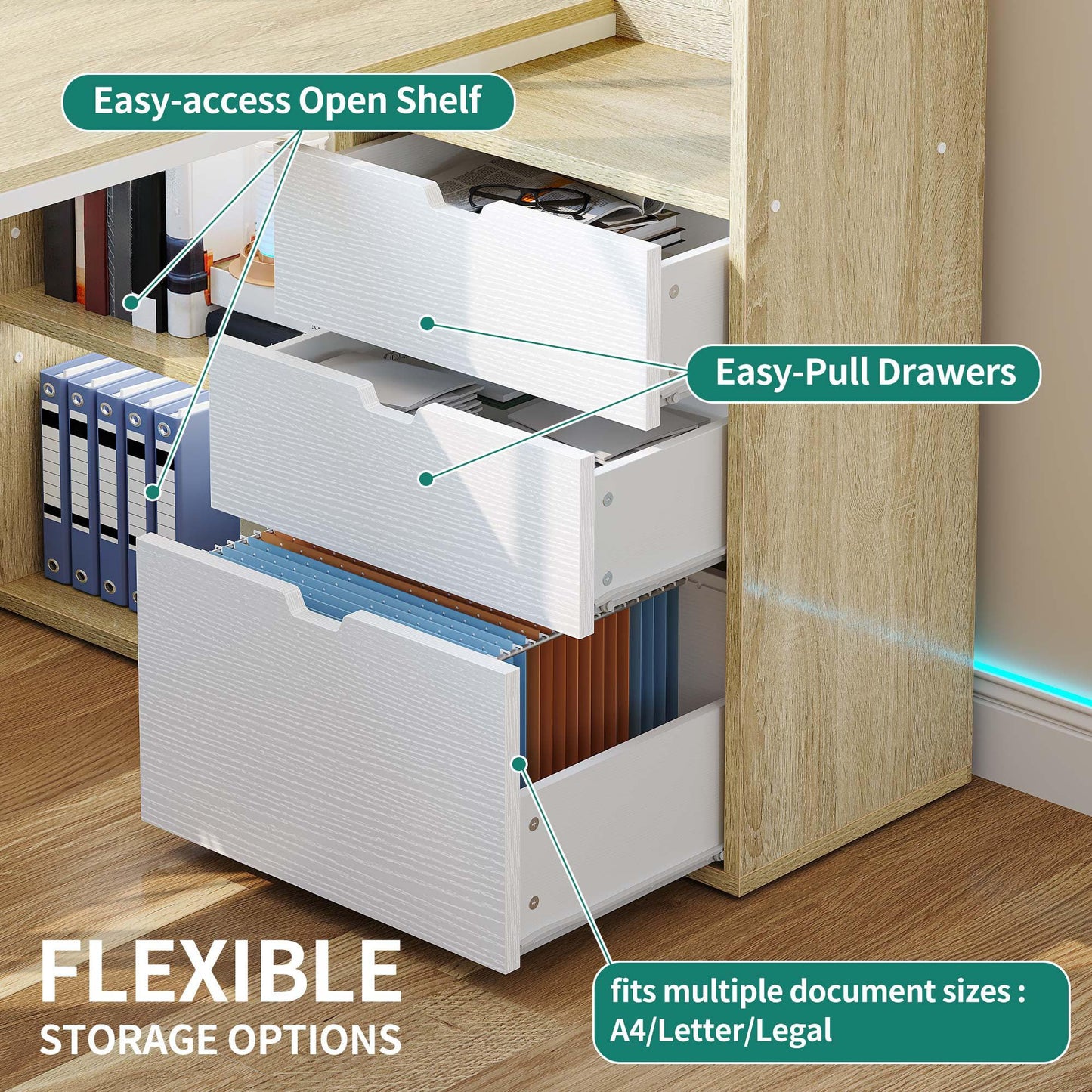 YITAHOME L Shaped Desk with Power Outlets, 55" Computer Desk with Drawers & Bookshelf, Home Office Desk with LED Lights, Corner Desk with File Cabinet, White & Oak