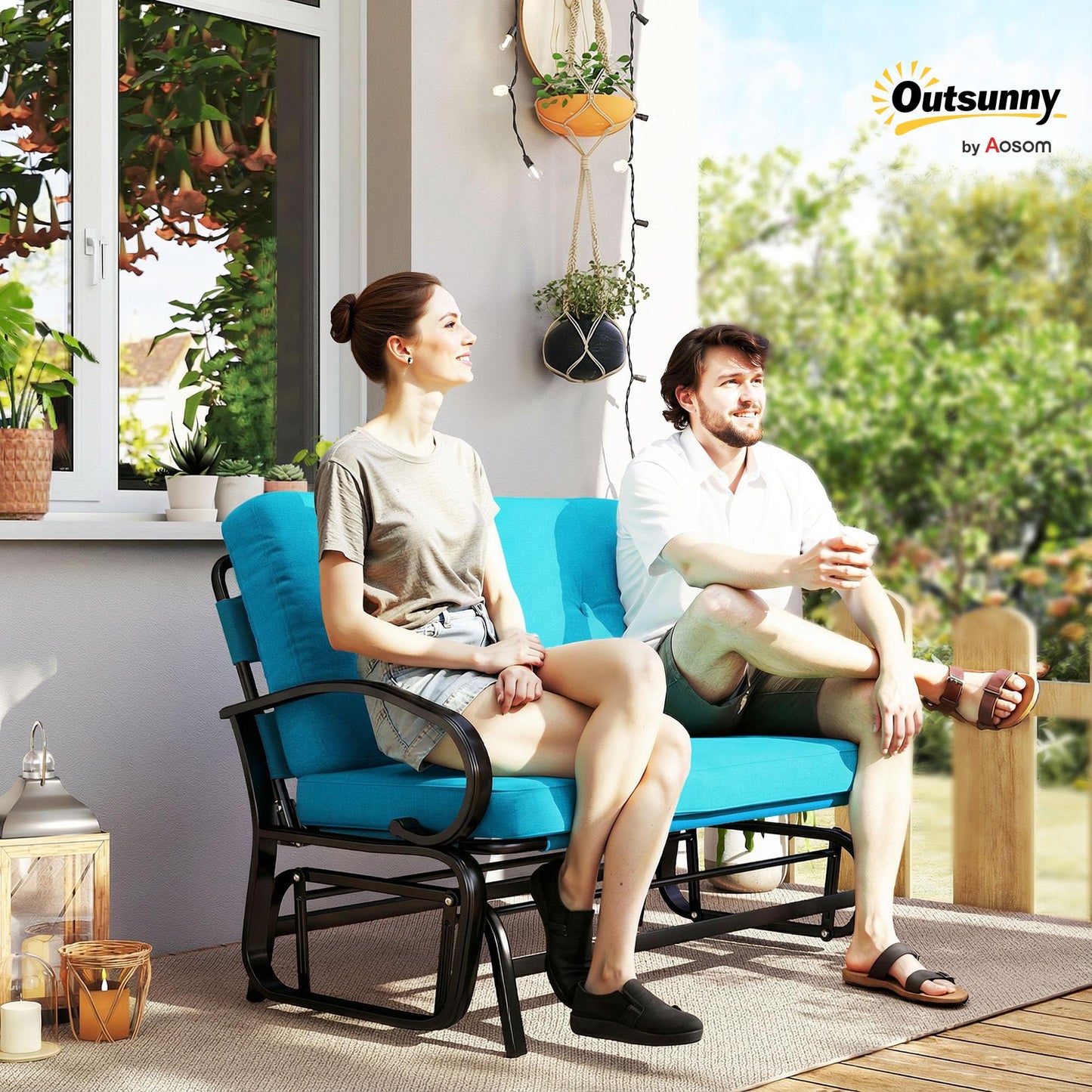 Outsunny Outdoor Glider Bench, 2-Person Patio Rocker Loveseat with Tufted Cushions, Steel Frame for Porch, Garden Backyard, Blue