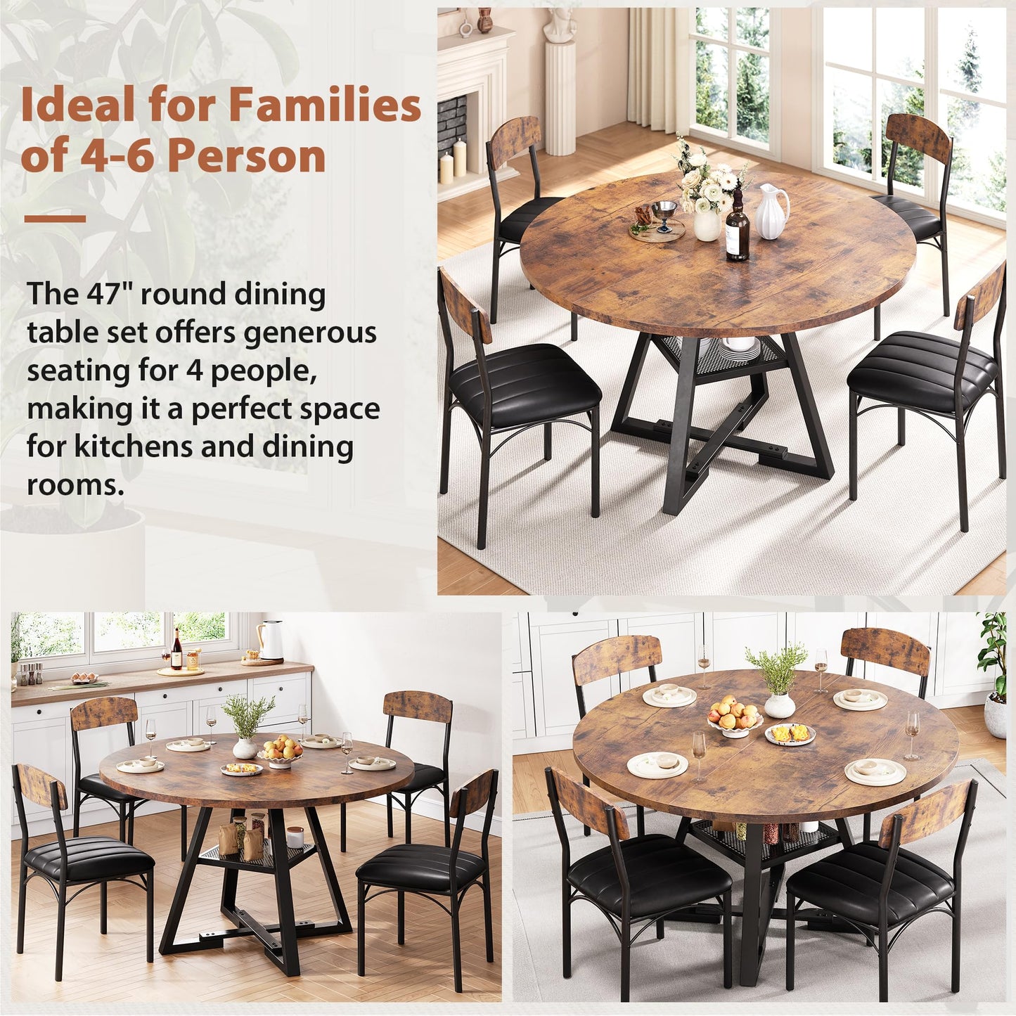 Dining Table Set for 4,Kitchen Table and Chairs for 4, Round Dining Room Table with Upholstered Chairs, 5 Piece Space Saving Circle Wood Kitchen & Dining Room Dinner Dinette Table Set (Vintage, 51In)