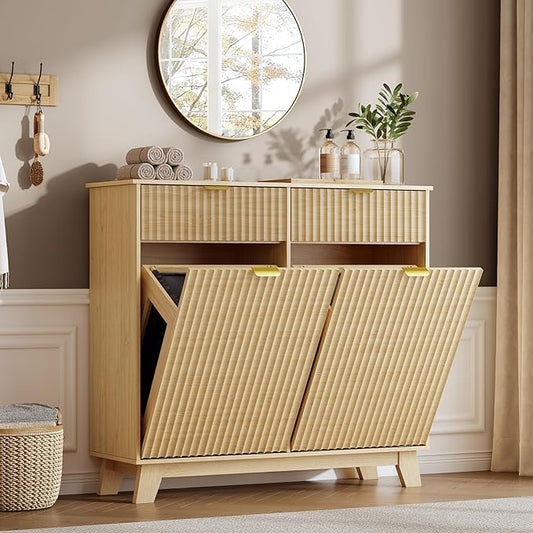Double Tilt Out Laundry Hamper Cabinet, 20 Gallon Wooden Trash Can Cabinet with Drawers, Hidden Fluted Bathroom Storage Cabinet for Kitchen, Living Room (Natural Wood, 39.34"W x 35.83"H x 13"D)