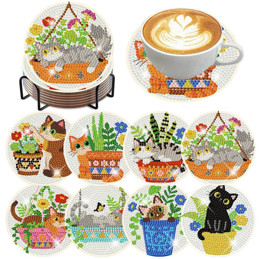 8 Pcs Cat Diamond Art Coasters with Holder, Cat Diamond Painting Coasters Kit for Adults, Crafts Kits for DIY Coasters for Cat Lover Gift 4X4 inch