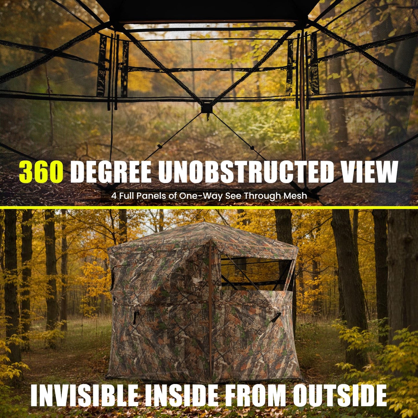 HUNTSEN 360 Degree See Through Hunting Blind with Double Open Door - Lightweight Soft Material Portable Pop Up Ground Blind - 2-3 Person Concealed Camouflage Tent with Carrying Bag for Deer & Turkey