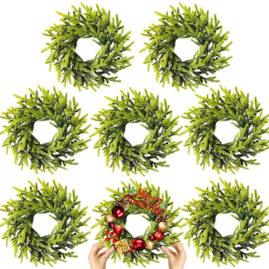 8 Pcs Christmas DIY Gree Wreath 10 Inch Green Artificial Wreaths DIY Faux Plain Wreaths Front Door Green Farmhouse Cabinets Wreath Indoor Outdoor Wall Decor(Pine Needle)