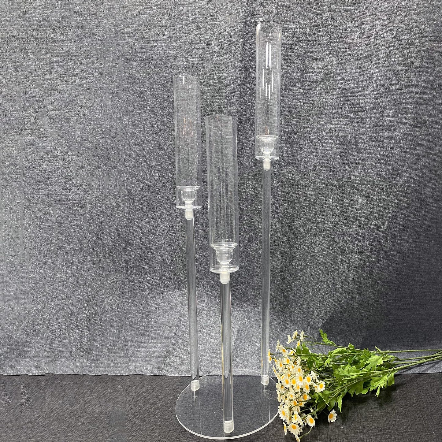 6 Set 3 Arms Acrylic Candelabra Centerpieces for Wedding Table Decorations,30.7" Clear Candlesticks Holder with Acrylic Shade for Valentine's Day Dinner Party Fireplace Decor Fit LED Candle"