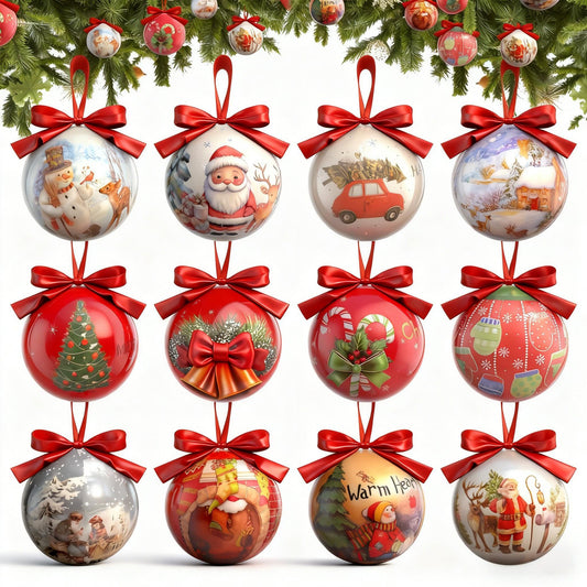 12Pcs Christmas Tree Ball Ornaments, 3.15 inch Vintage Christmas Hanging Decor with Santa Claus, Snowman&Reindeer Designs, Shatterproof Xmas Balls for Christmas Tree Decoration