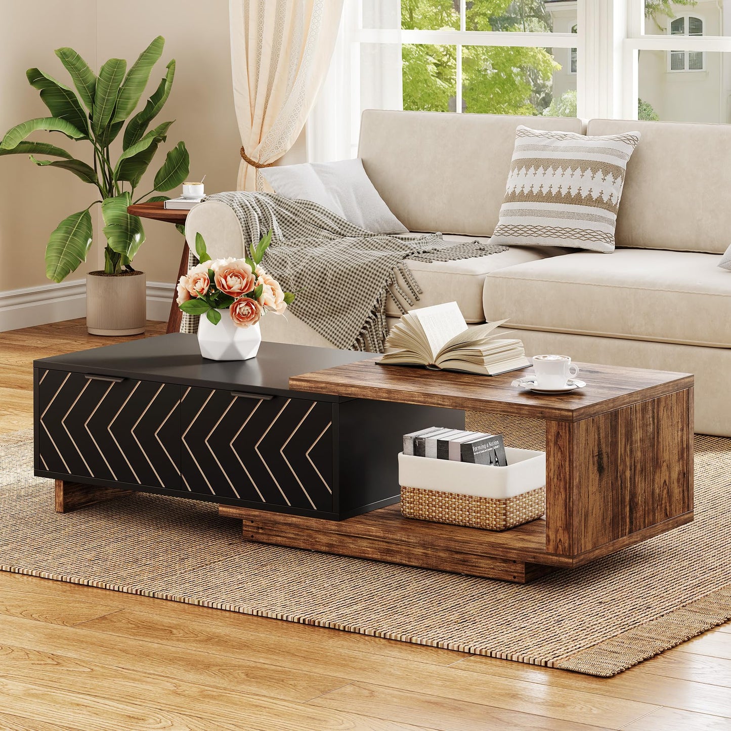 LITTLE TREE Expandable Wooden Coffee Table with 2 Drawers, Space-Saving Rectangular Farmhouse Center Table, Perfect for Living Room and Office, Brown and Black