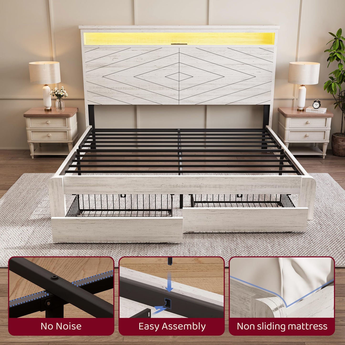 BRELTAM King Size Bed Frame with 2 Storage Drawers and Headboard Wooden Platform Bed Frame with LED Lights and Charging Station Easy Assembly/No Box Spring Needed/White