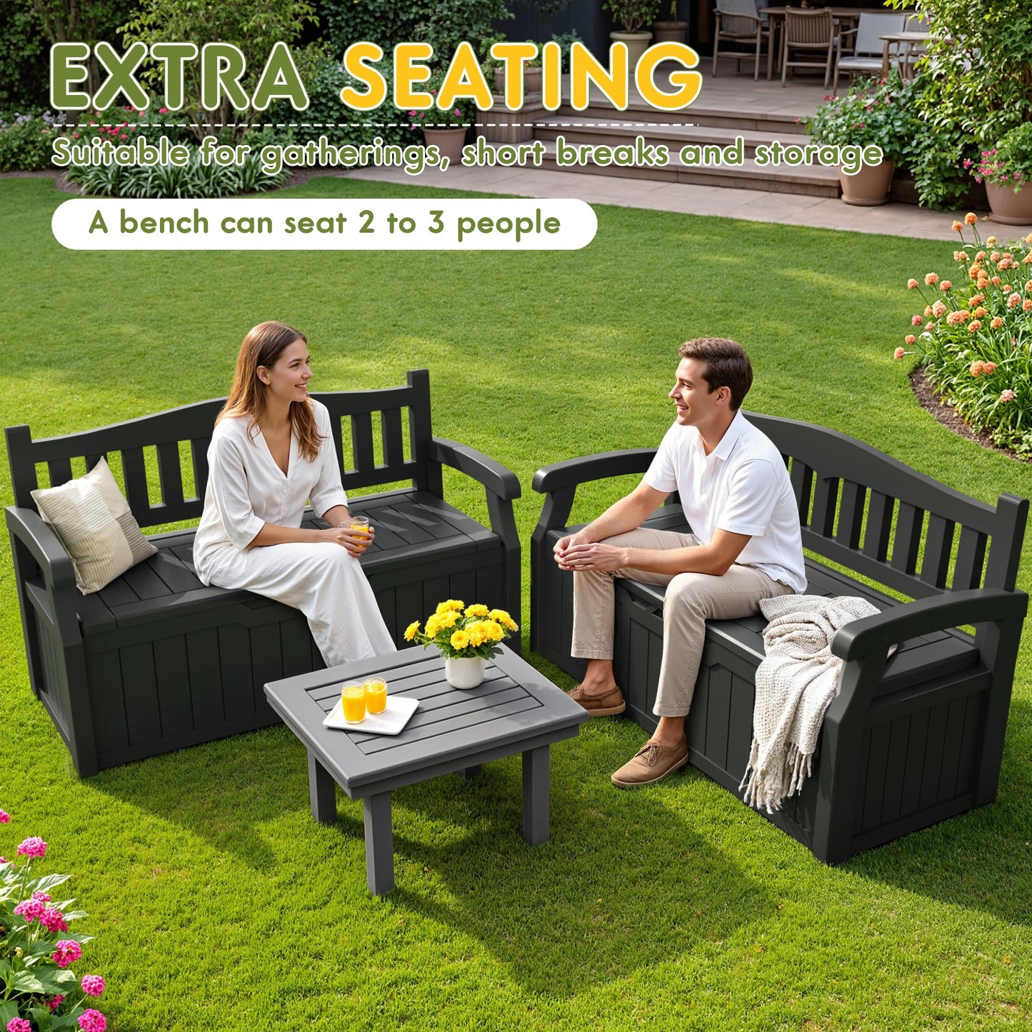Greesum 80 Gallon Deck Box Storage Bench, Patio Furniture, Lockable, Waterproof and UV Resistant,with Armrest, Suitable for Garden, Porch, Poolside, Dark Black