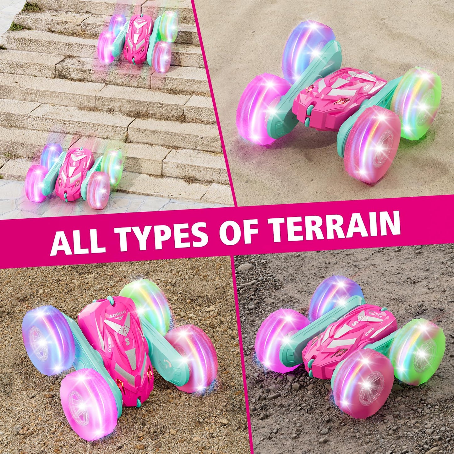 Amicool Remote Control Car for Girls 3-12 with Flashing Light, Toys 4 5 6 7 8 9 Years Old Girl Birthday Gifts Idea, RC Cars Stunt 4WD 2.4Ghz Double Sided 360° Flip, Present for Kids, Christmas, Pink