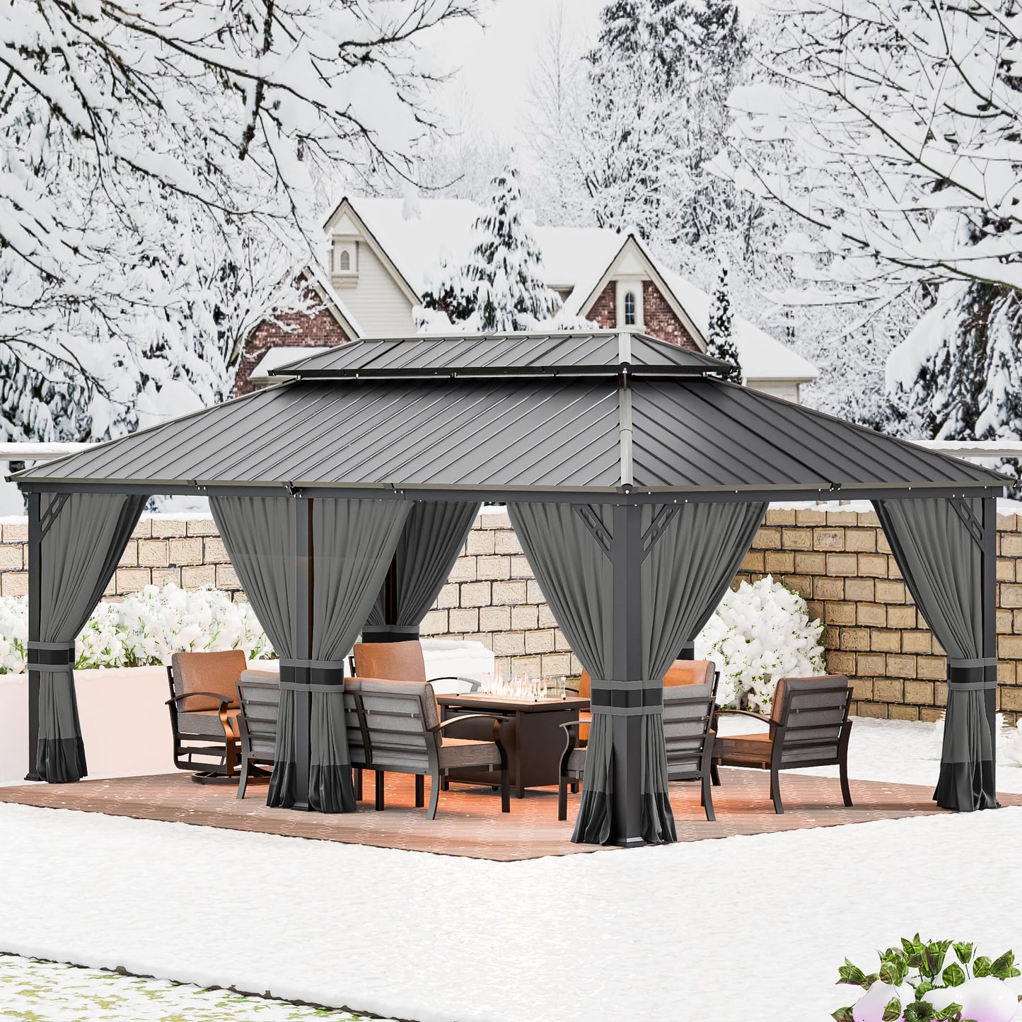 RTDTD 12' x 20' Hardtop Gazebo,Outdoor Aluminum Frame Permanent Pavilion Double Galvanized Steel Roof Pergola with Nettings and Curtains for Patio Lawns Backyard Deck,Grey