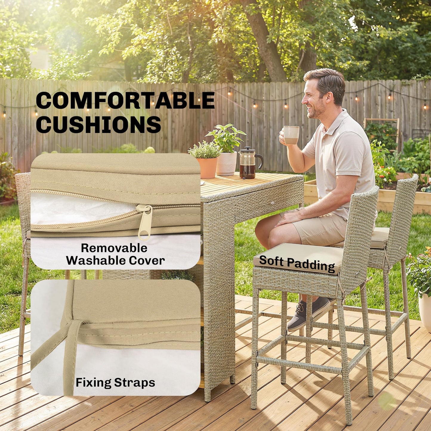 Outsunny 5 Piece Outdoor Bar Set, Wicker Outdoor High Top Table and Chairs, 3 Tier Shelves, Acacia Wood Bar Height Patio Set, 4 Barstools with Cushions, Back, Footrest for Garden, Backyard, Brown