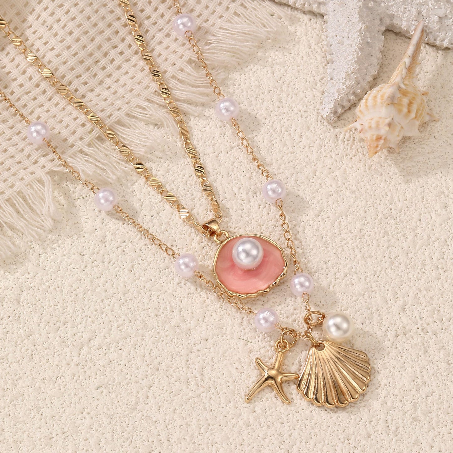 Drogomen Shell Necklaces for Women Layered Beach Charm Necklace Sea Shell Starfish Necklace Bohemian Surfer Beachy Summer Jewelry Vacation Outfits for Women (AP)
