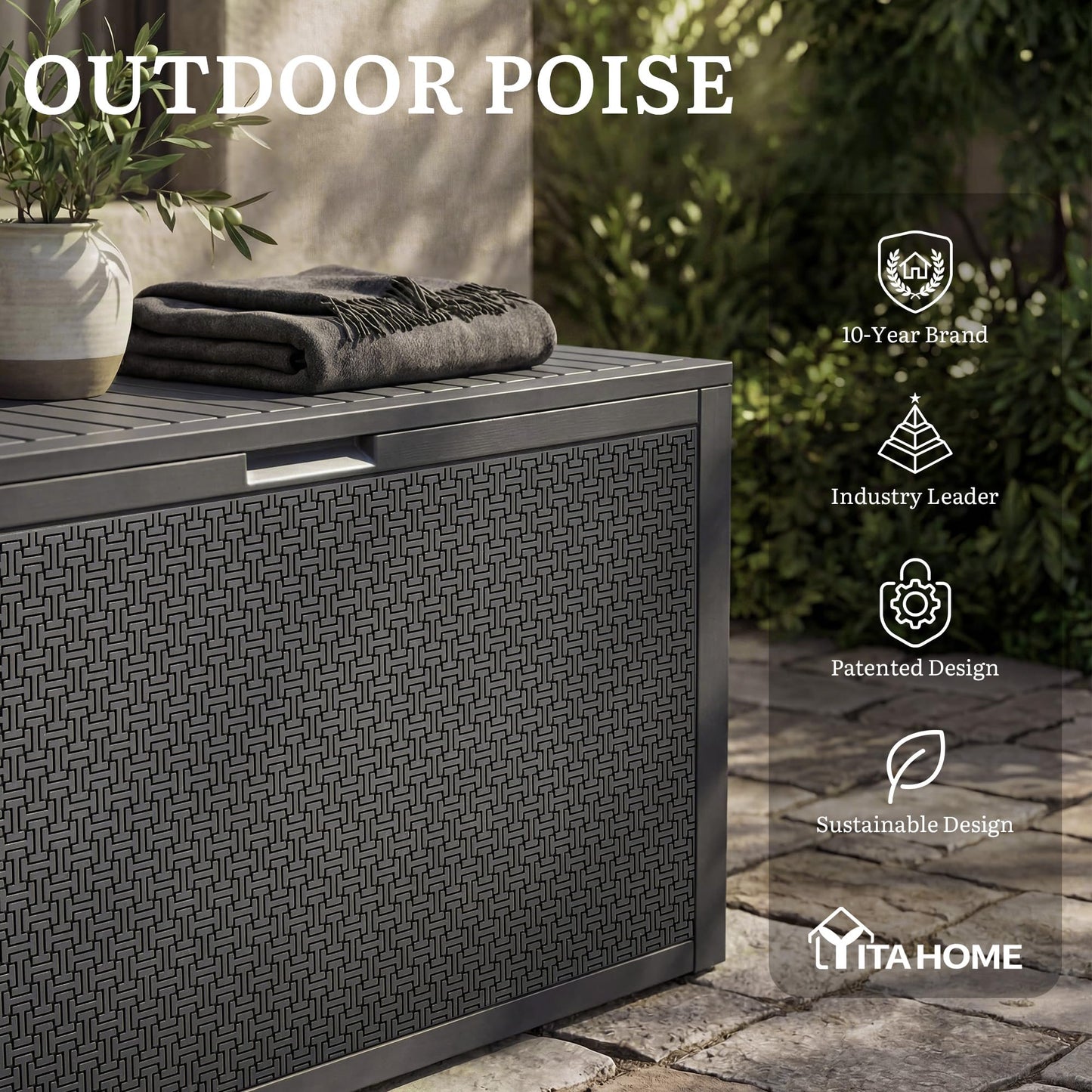 YITAHOME 90 Gallon Outdoor Storage Deck Box, Waterproof Resin Deck Box w/Handles, Lockable Outdside Deck Box for Patio Furniture, Garden Tools, Lockable & UV Resistant(Dark Gray)