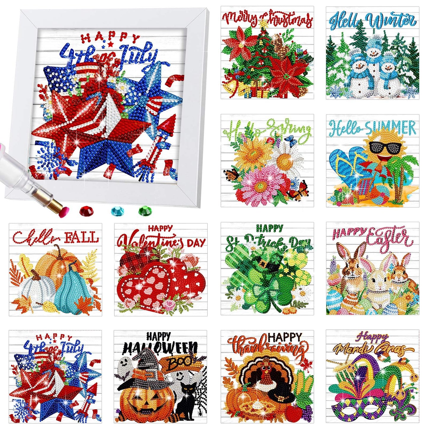 Trandraft 13 Pcs 4th of July Holiday Diamond Art Kits for Adults 250th Anniversary Favor 5d Interchangeable Seasonal Small Diamond Art Kits Framed Gem Painting for Table Decor DIY Craft Gift